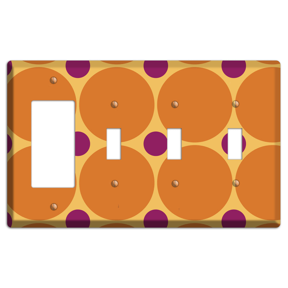 Orange with Umber and Plum Multi Tiled Large Dots Rocker / 3 Toggle Wallplate