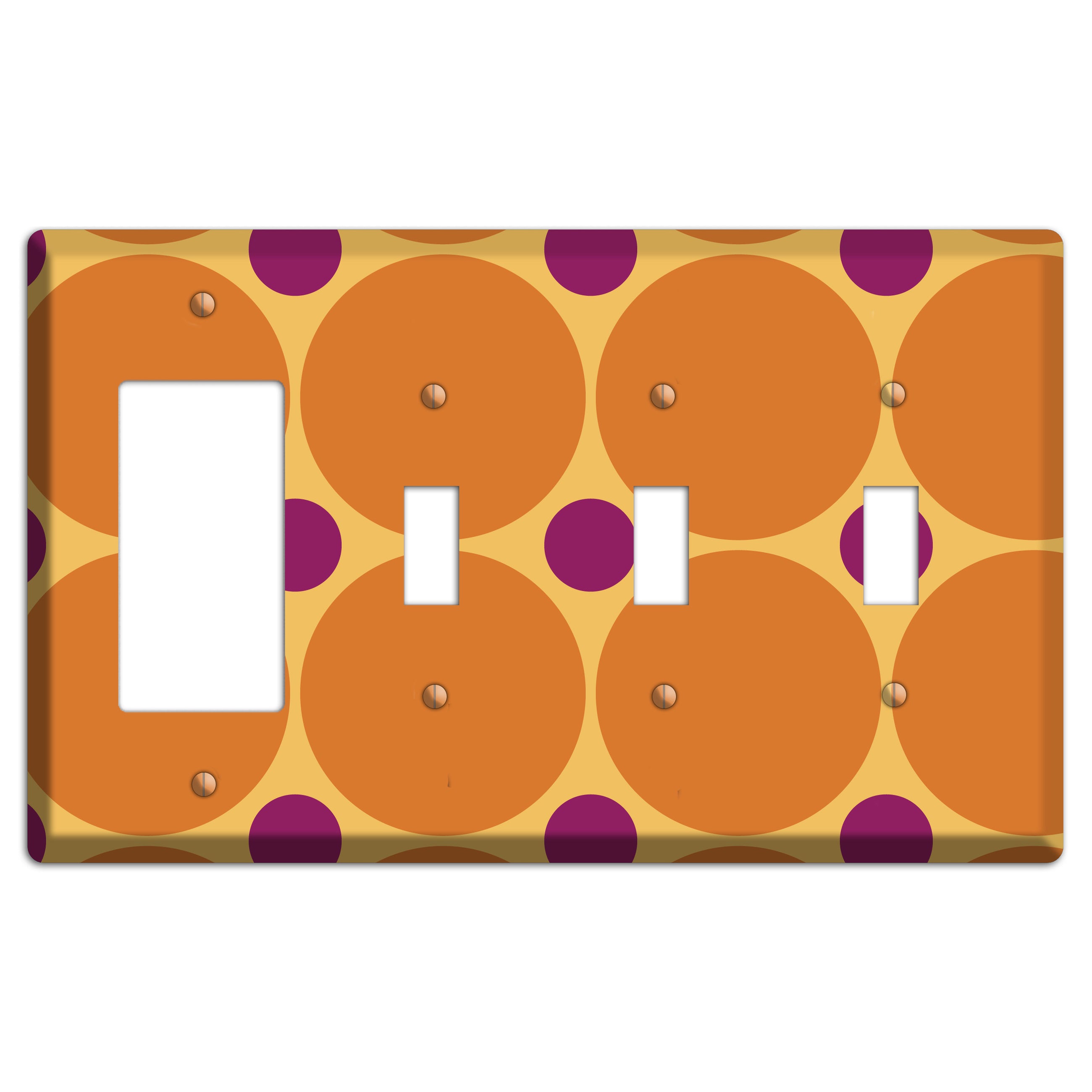 Orange with Umber and Plum Multi Tiled Large Dots Rocker / 3 Toggle Wallplate