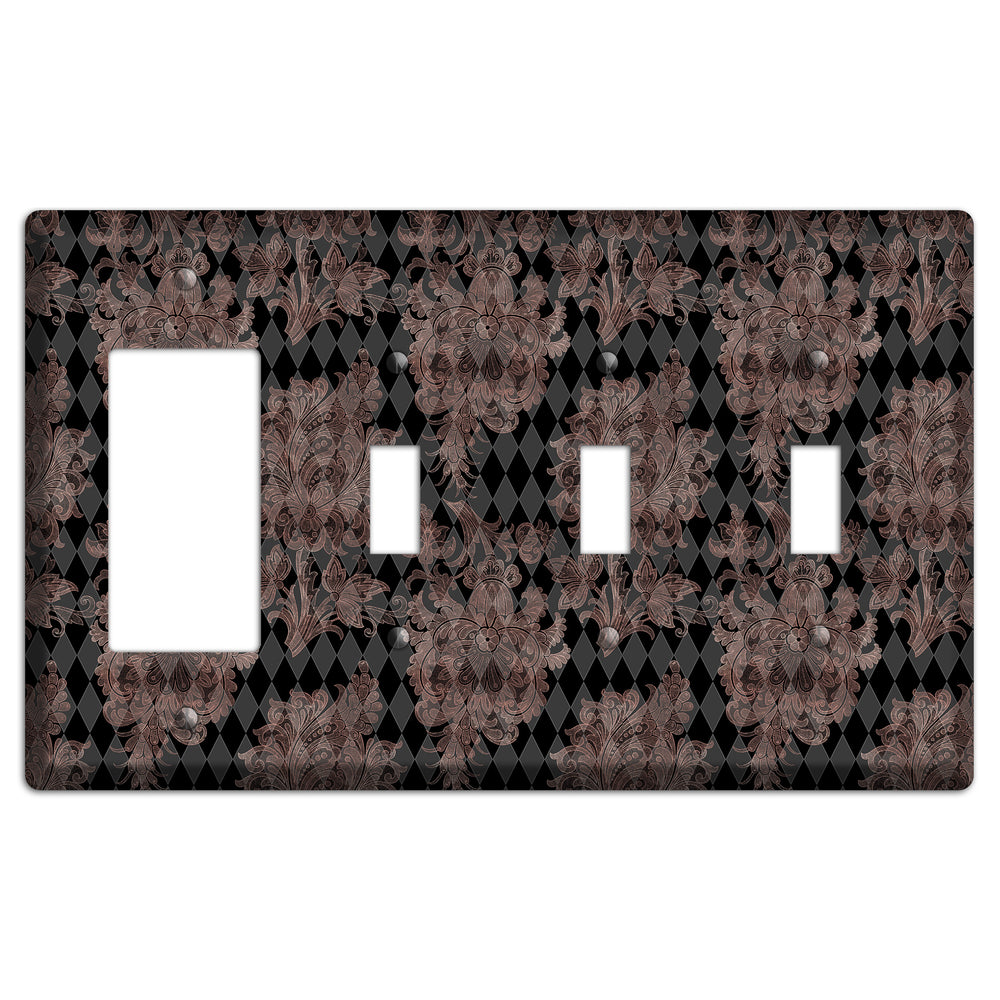 Black and Rose Ornate Diamond Rocker / 3 Toggle Wallplate
