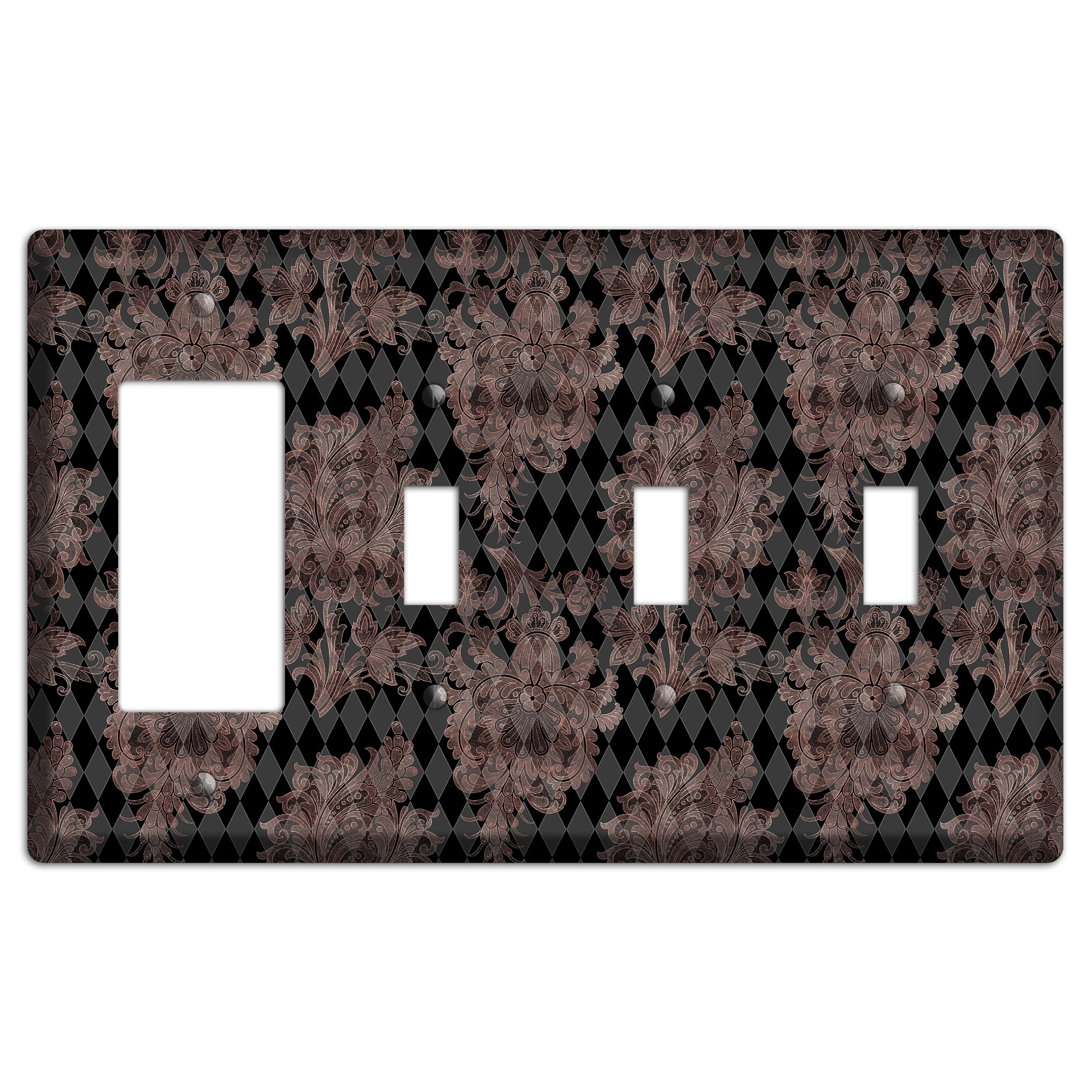 Black and Rose Ornate Diamond Rocker / 3 Toggle Wallplate