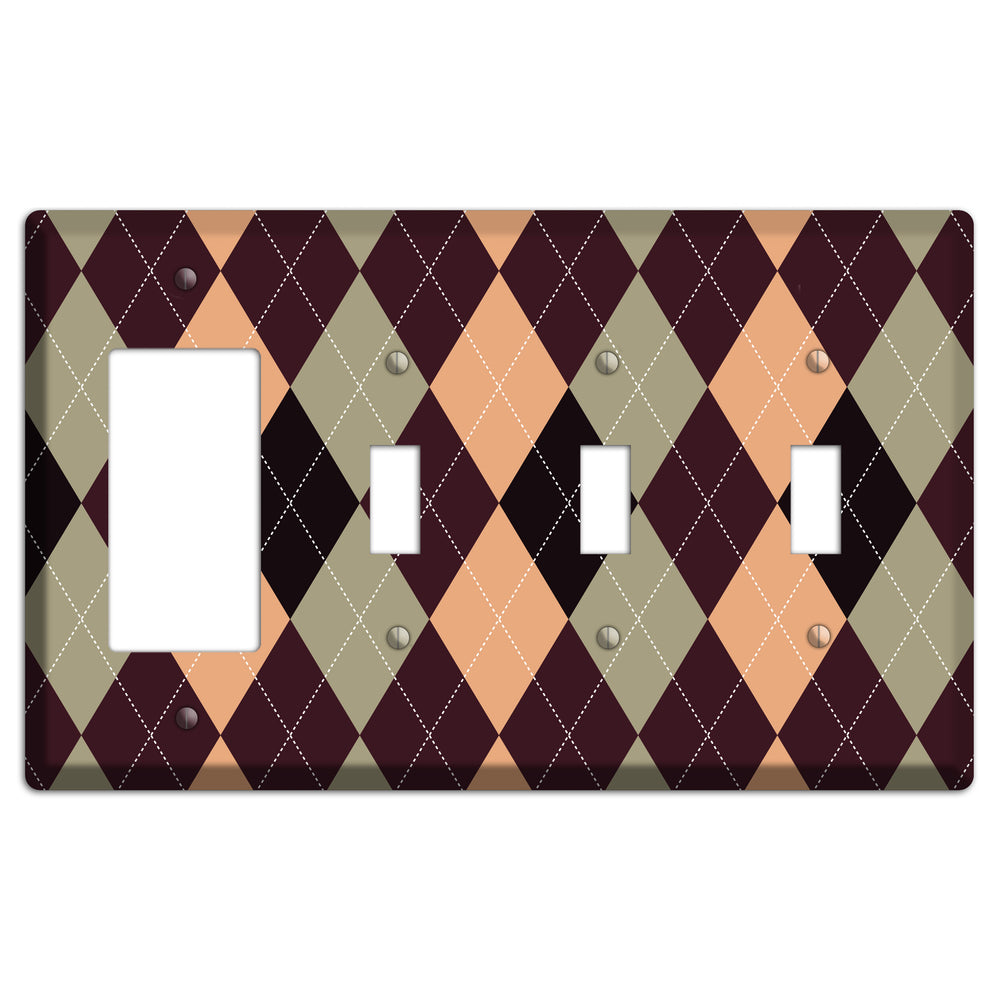 Beige and Brown Argyle Rocker / 3 Toggle Wallplate