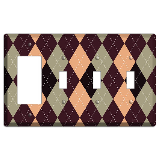 Beige and Brown Argyle Rocker / 3 Toggle Wallplate