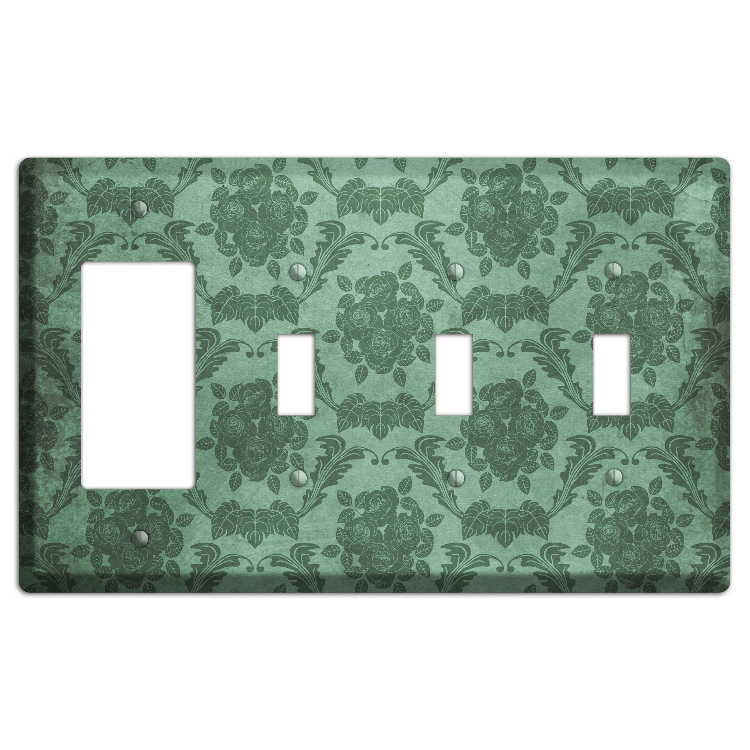 Viridian Green Vintage Rose Damask Rocker / 3 Toggle Wallplate