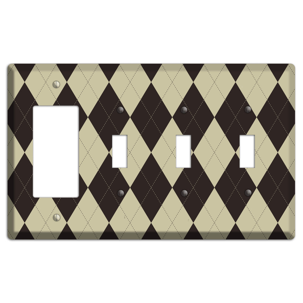 Beige and Black Argyle Rocker / 3 Toggle Wallplate