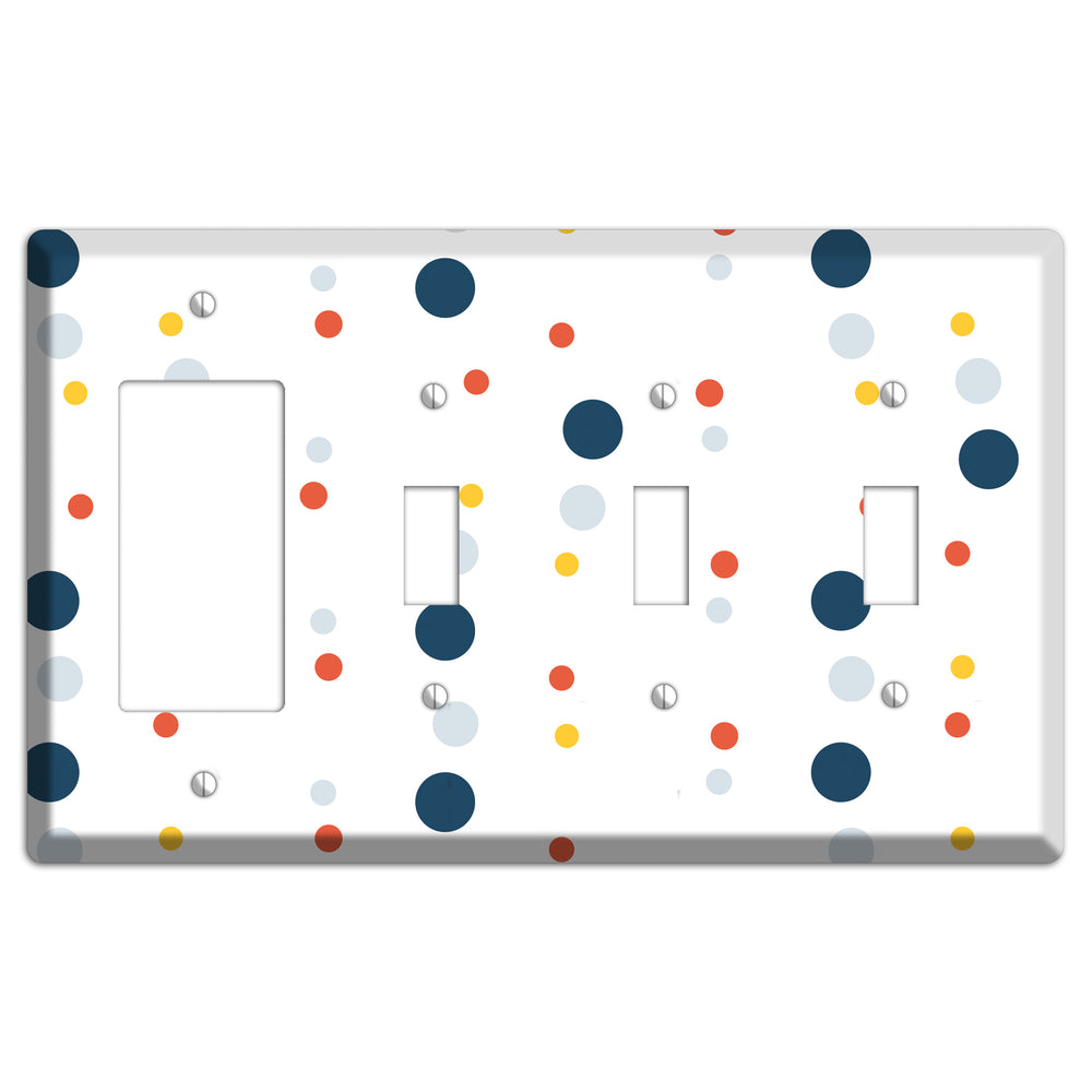 White with Multi Blue and Umber Medium Dots Rocker / 3 Toggle Wallplate