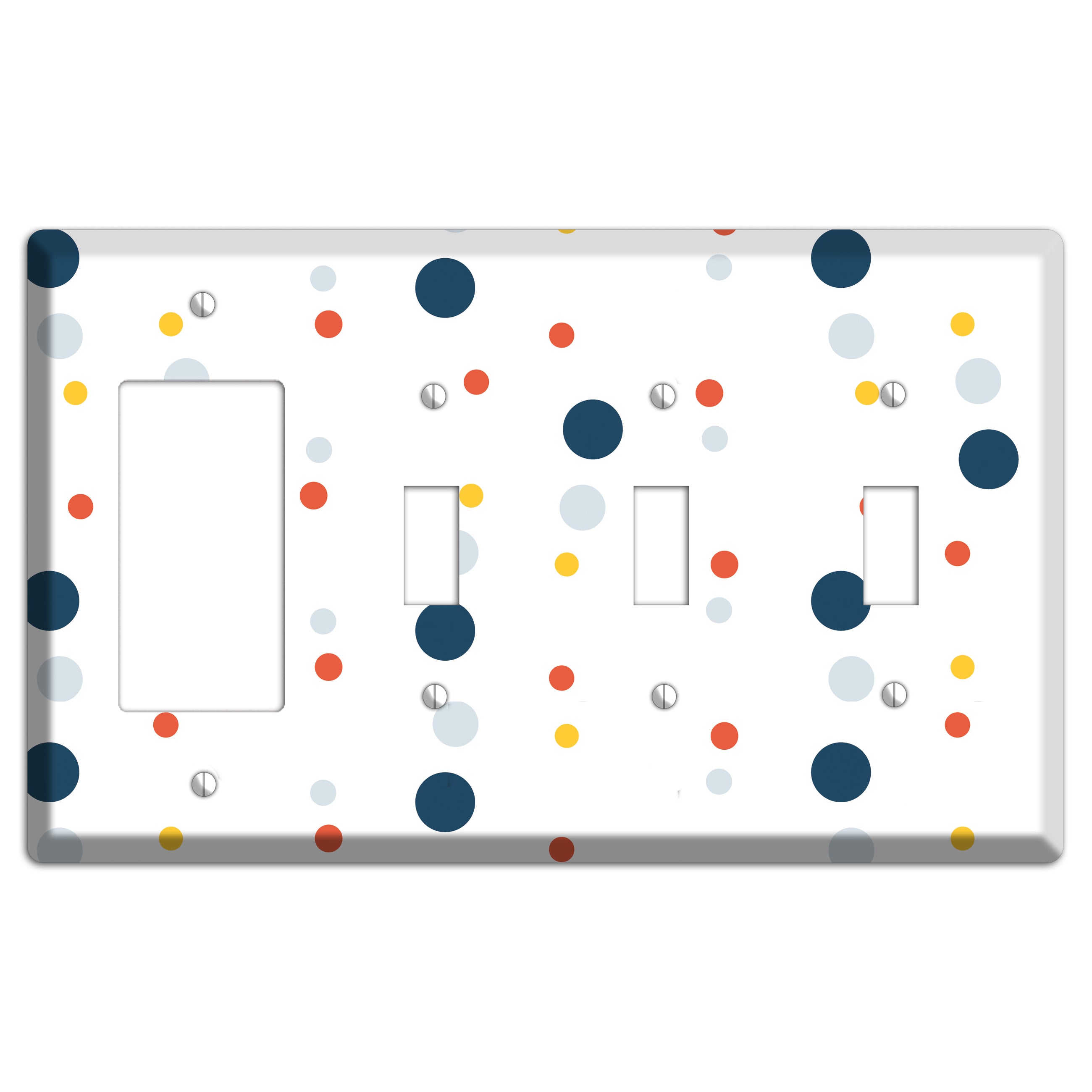 White with Multi Blue and Umber Medium Dots Rocker / 3 Toggle Wallplate