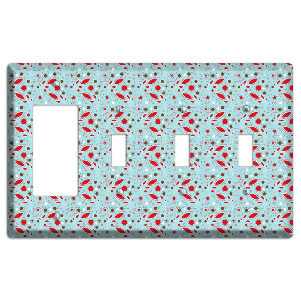 Dusty Blue with Red and Brown Retro Sprig Rocker / 3 Toggle Wallplate