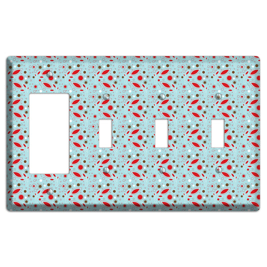 Dusty Blue with Red and Brown Retro Sprig Rocker / 3 Toggle Wallplate