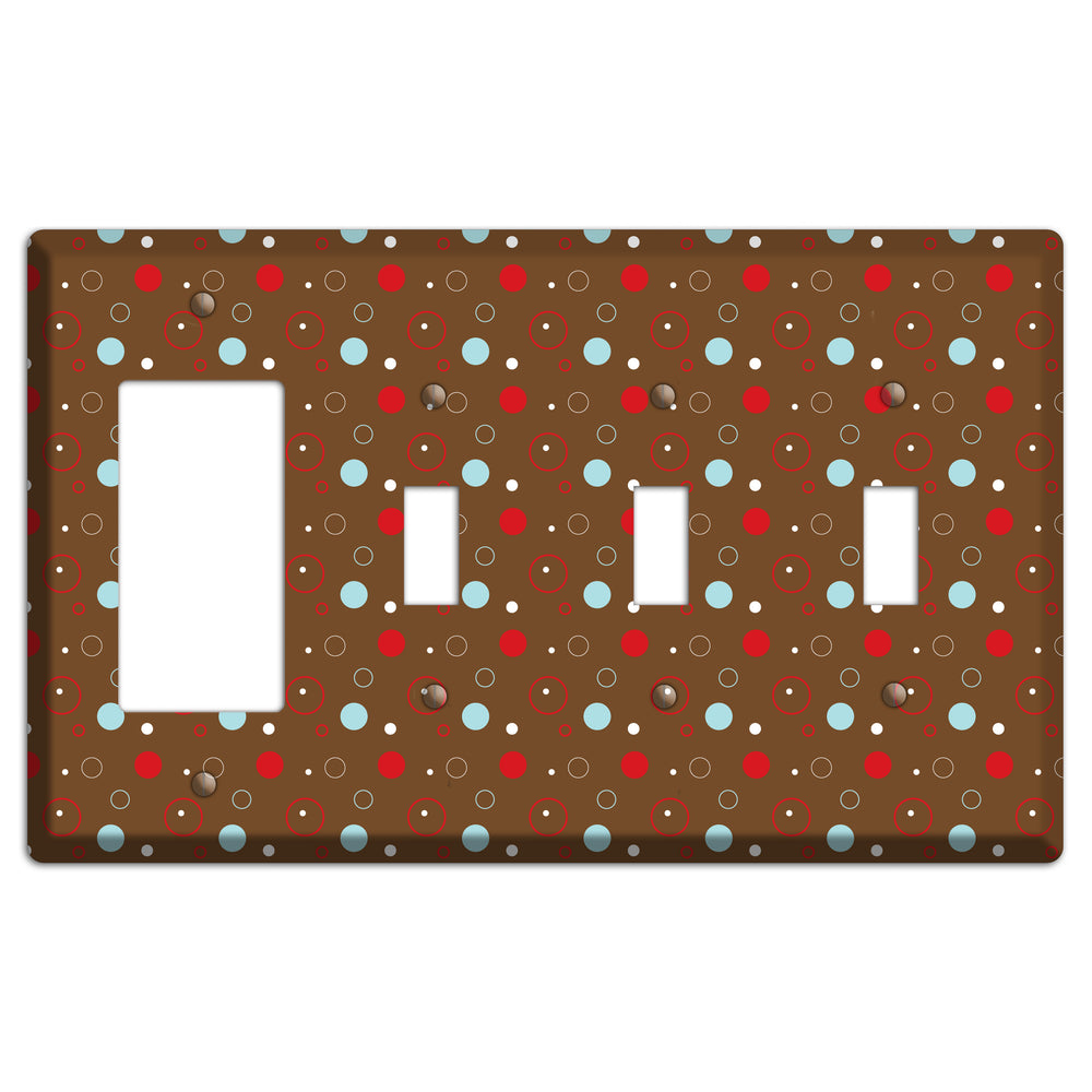 Brown with Red and Dusty Blue Dots and Circles Rocker / 3 Toggle Wallplate