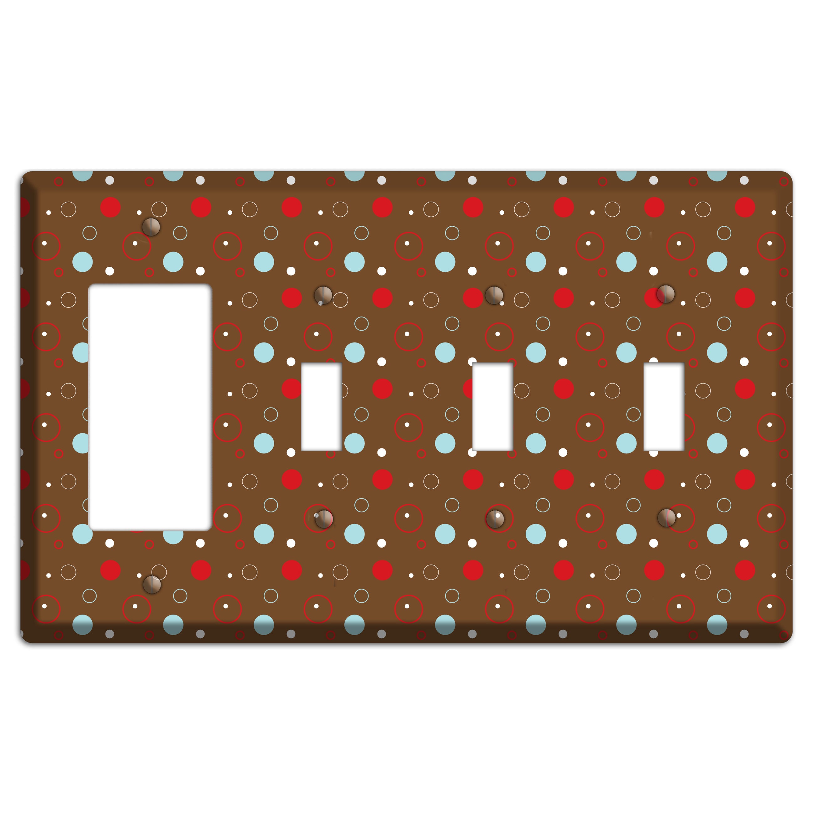 Brown with Red and Dusty Blue Dots and Circles Rocker / 3 Toggle Wallplate