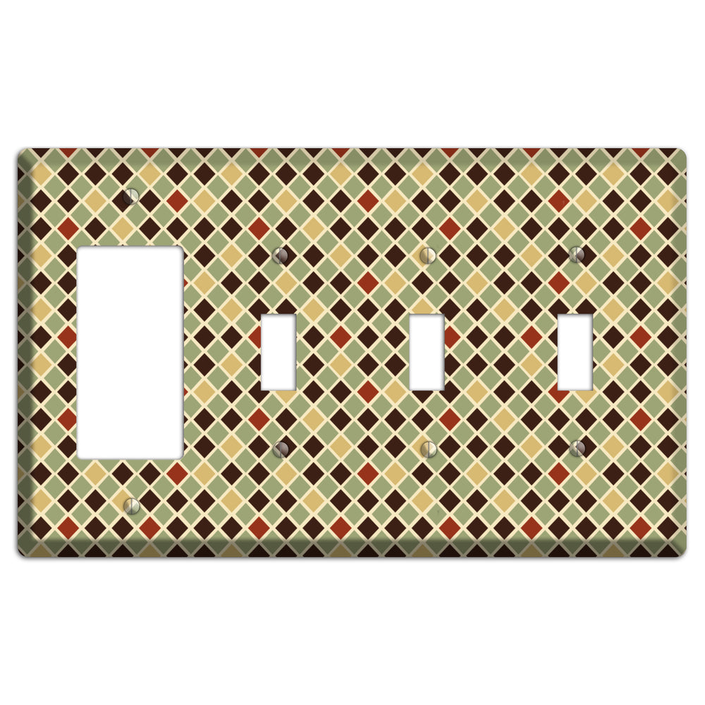 Olive Mustard Maroon Diamonds Rocker / 3 Toggle Wallplate