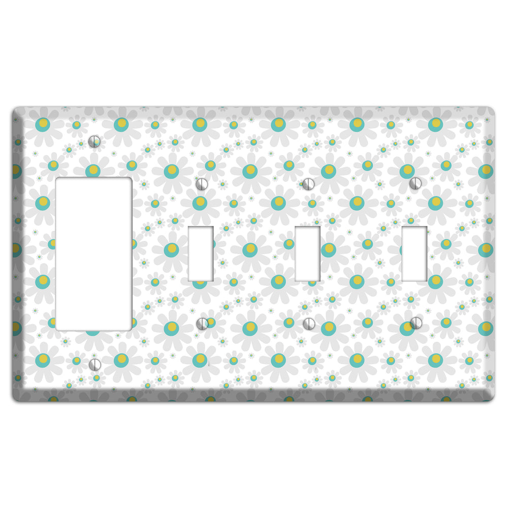 White and Green Flower Power Rocker / 3 Toggle Wallplate