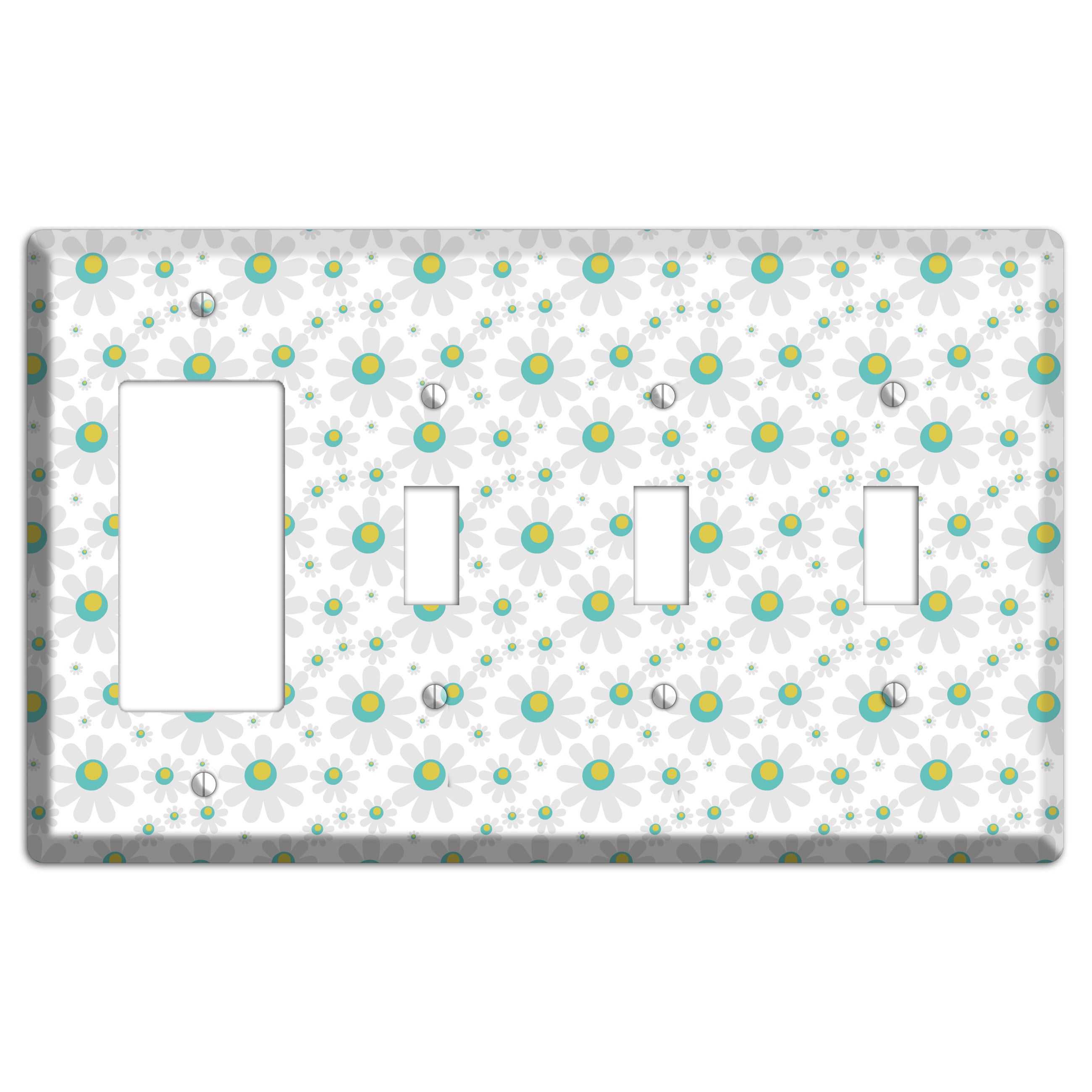White and Green Flower Power Rocker / 3 Toggle Wallplate