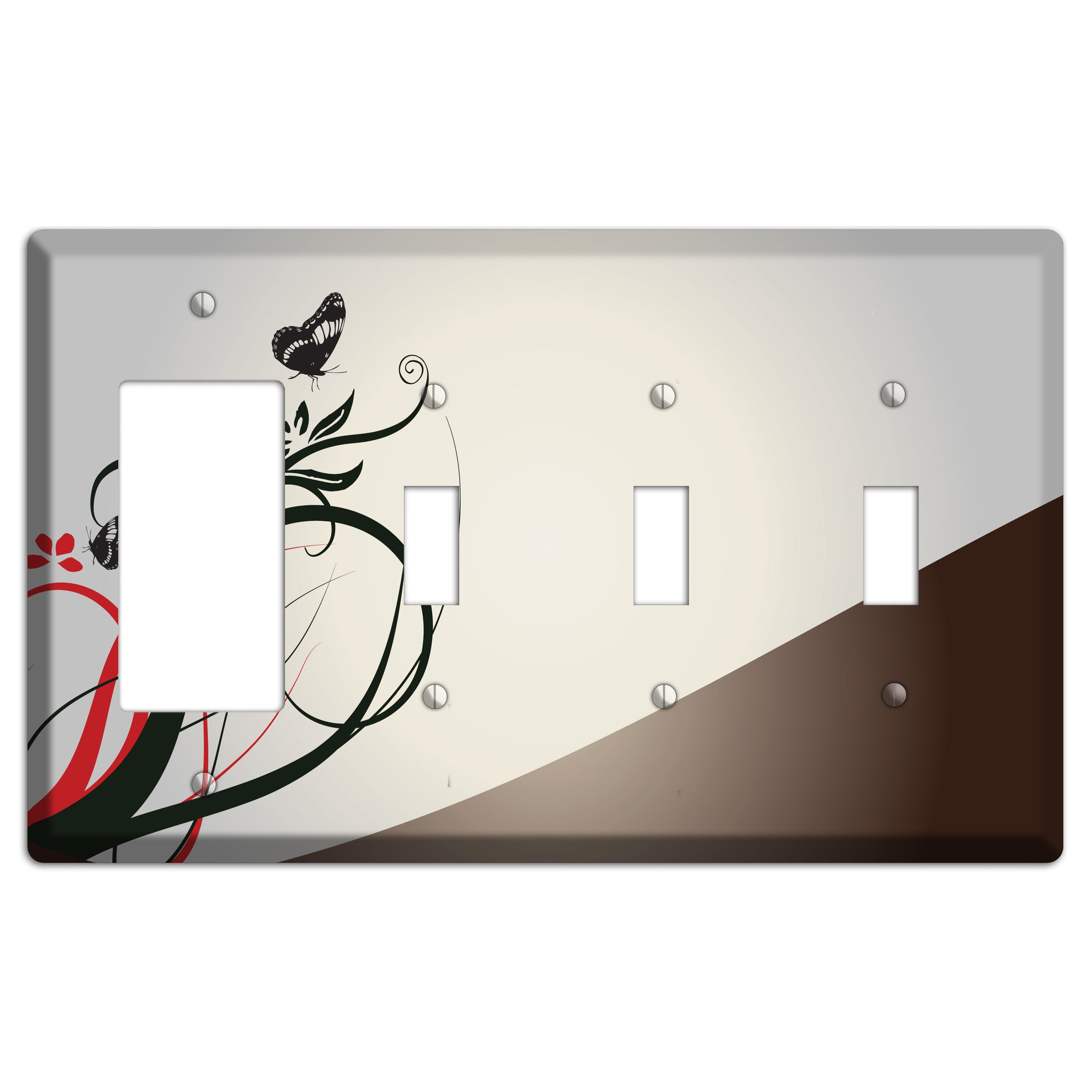 Grey and Red Floral Sprig with Butterfly Rocker / 3 Toggle Wallplate