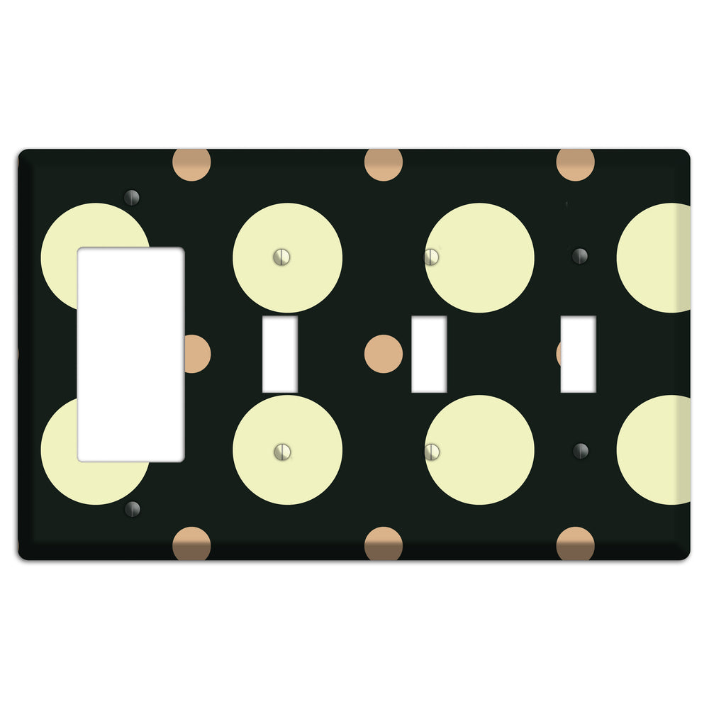 Black with Yellow and Mauve Multi Medium Polka Dots Rocker / 3 Toggle Wallplate