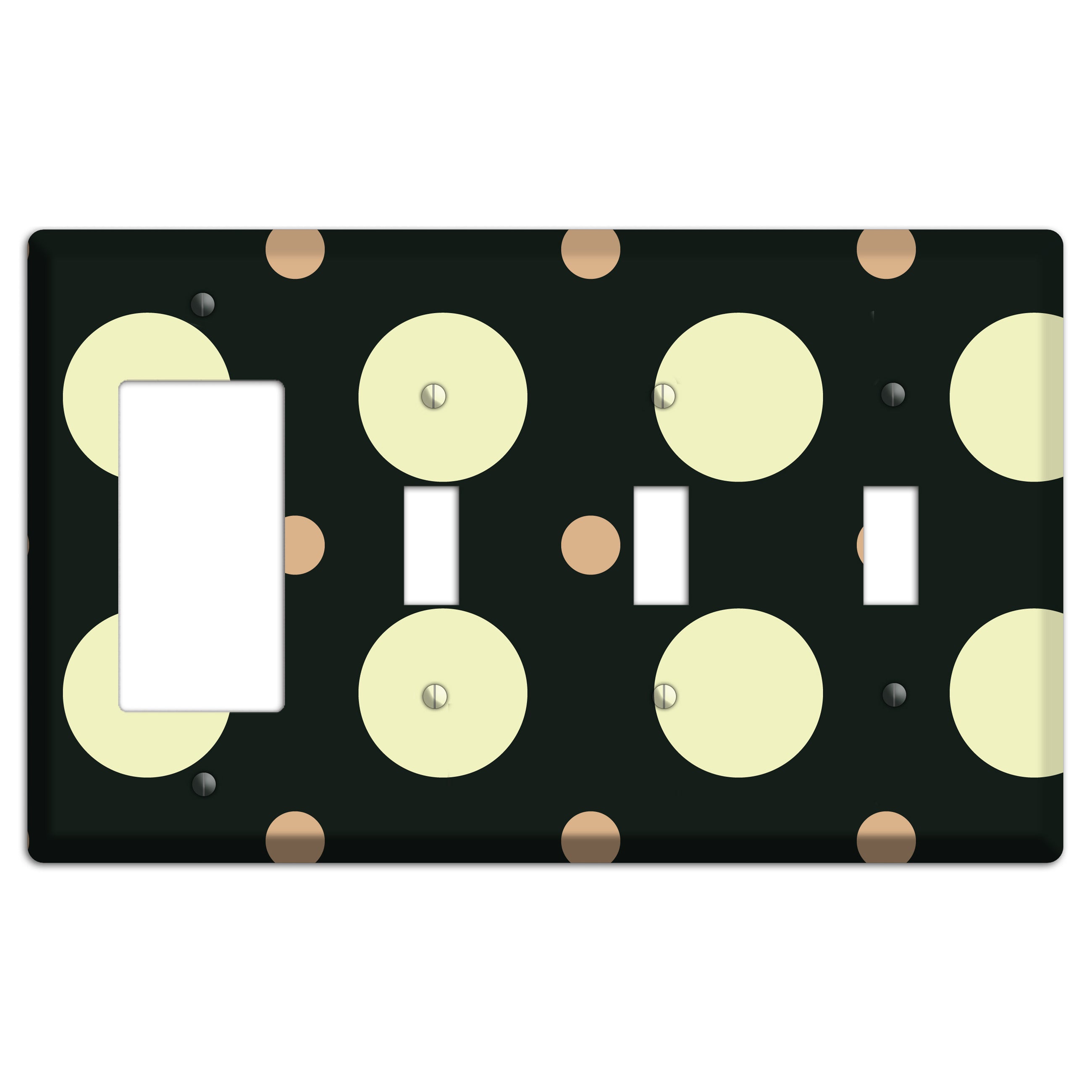 Black with Yellow and Mauve Multi Medium Polka Dots Rocker / 3 Toggle Wallplate