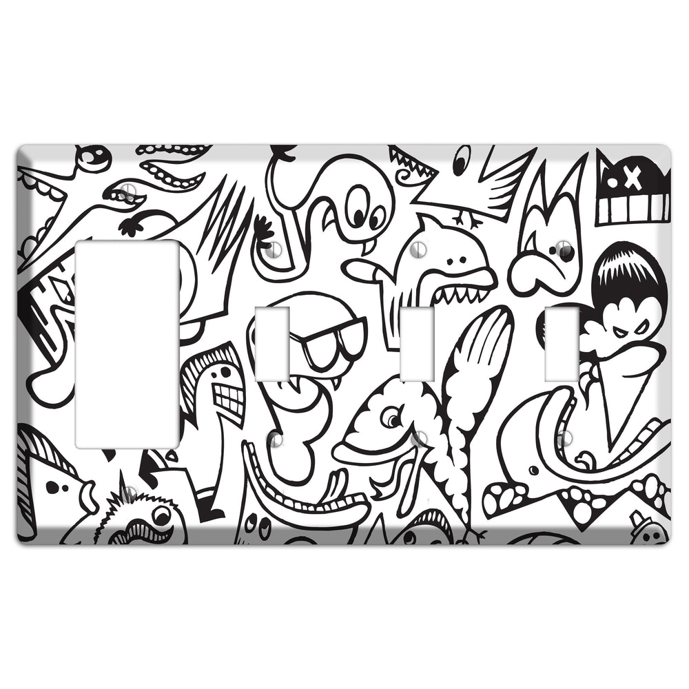 Black and White Whimsical Faces 1 Rocker / 3 Toggle Wallplate