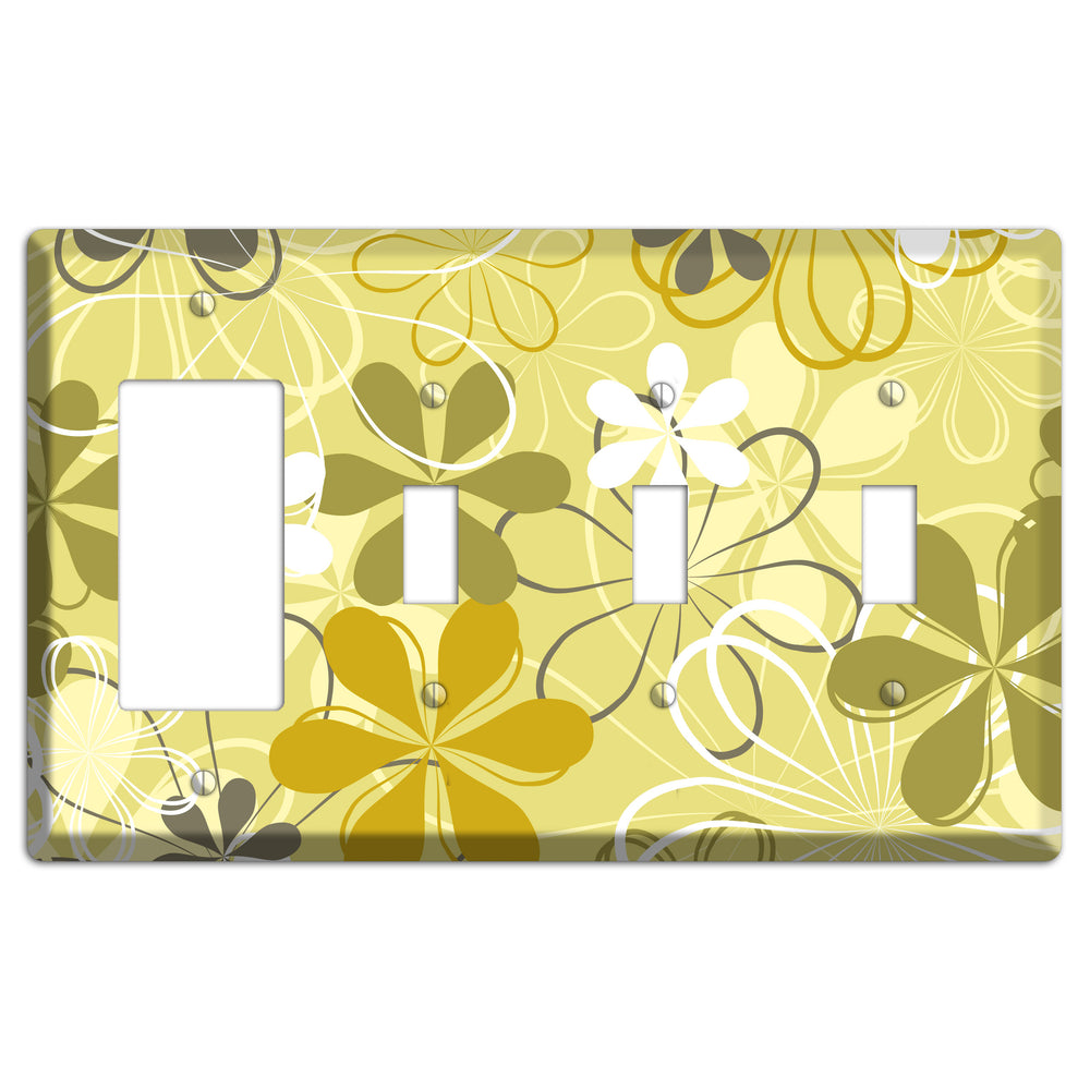Olive Retro Flowers Rocker / 3 Toggle Wallplate