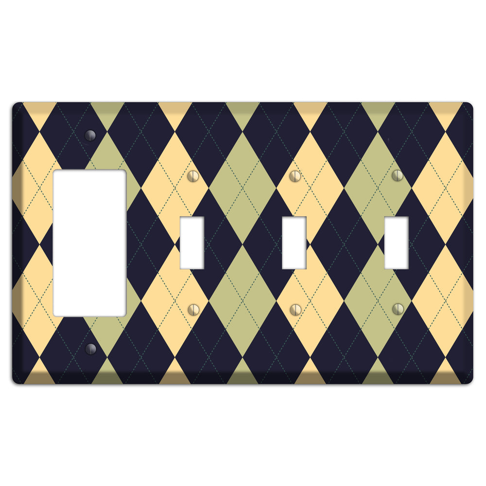 Yellow and Tan Argyle Rocker / 3 Toggle Wallplate