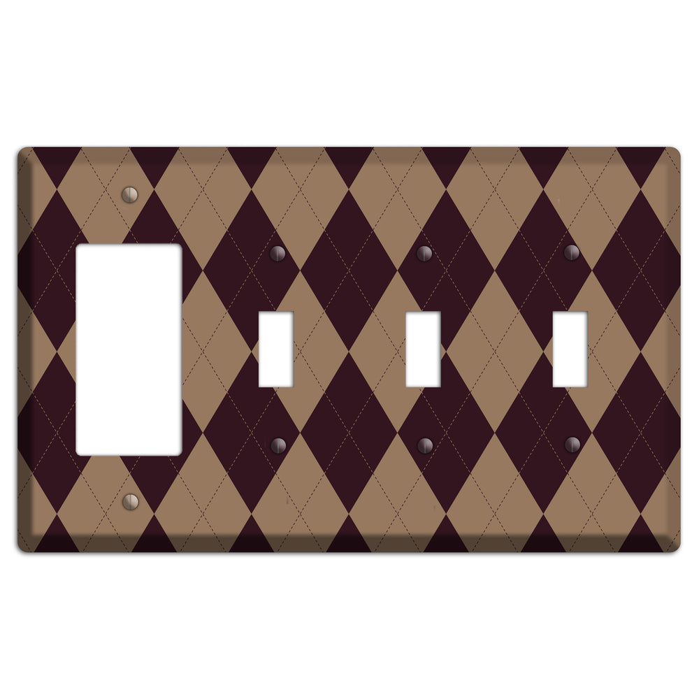 Burguny and Beige Argyle Rocker / 3 Toggle Wallplate