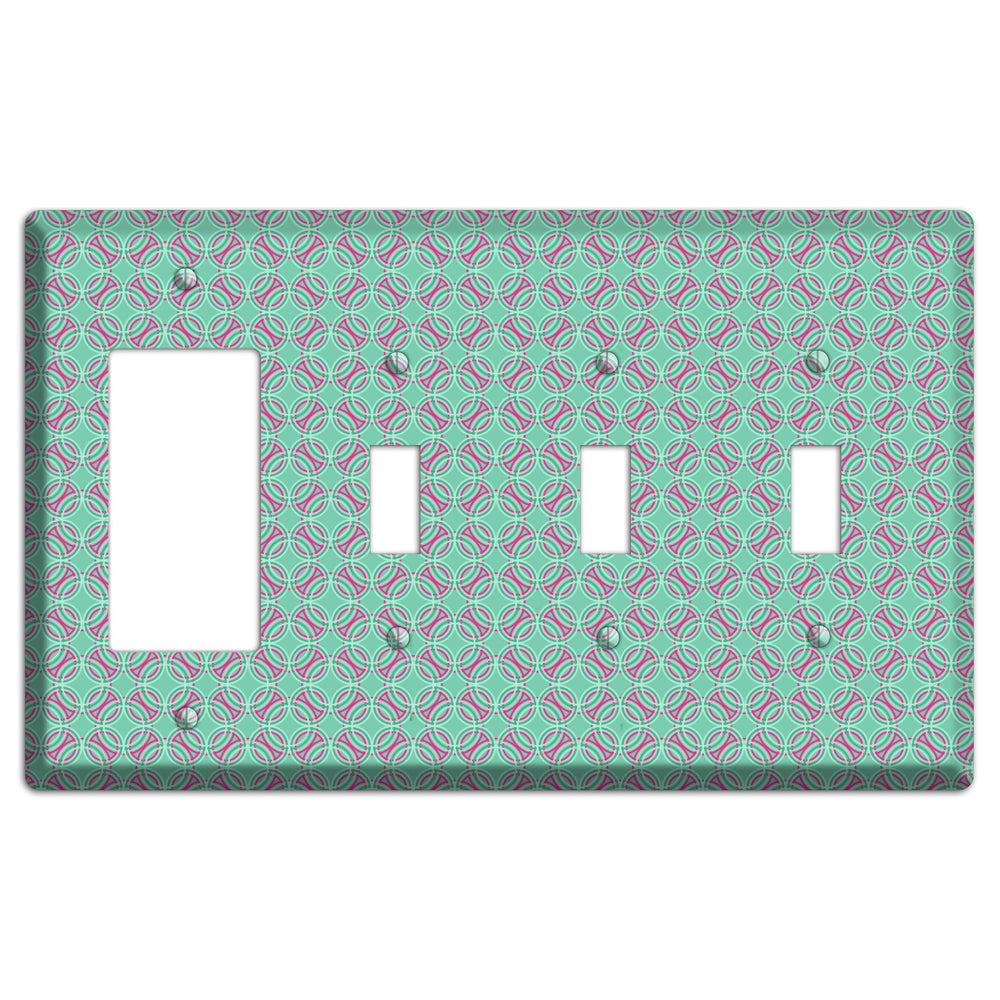 Multi Aqua with Fuschia Concentric Circles Overlay Rocker / 3 Toggle Wallplate