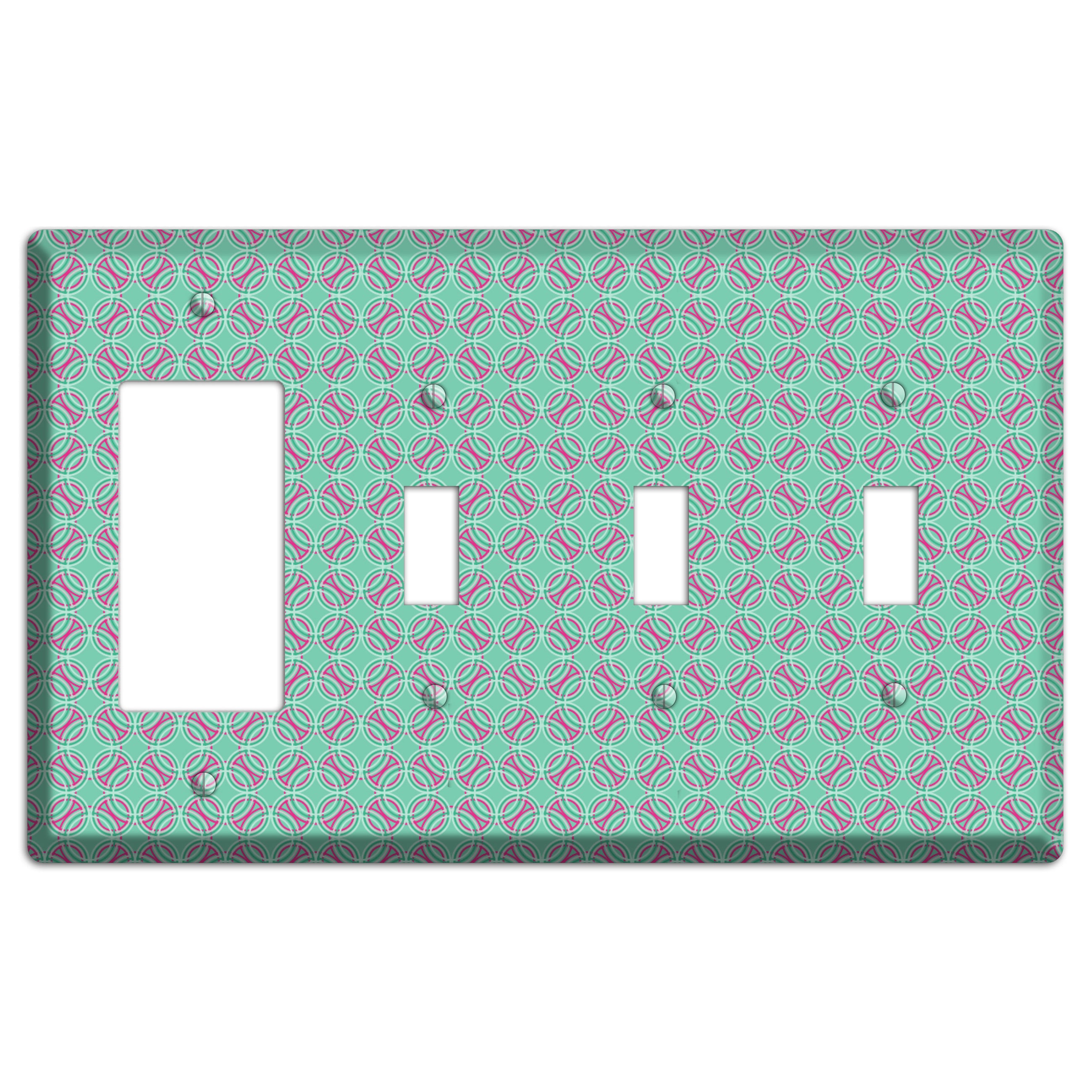 Multi Aqua with Fuschia Concentric Circles Overlay Rocker / 3 Toggle Wallplate
