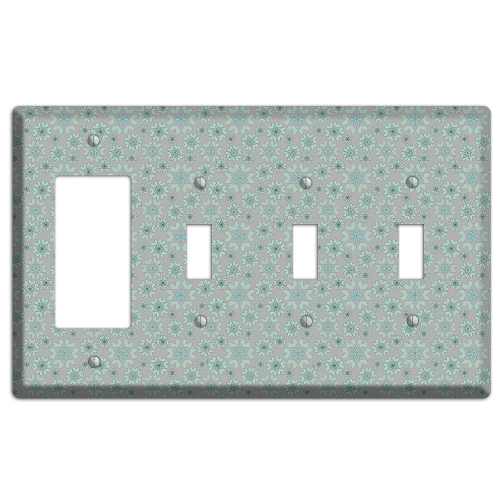 Grey with Tiny Aqua Retro Suzani 2 Rocker / 3 Toggle Wallplate