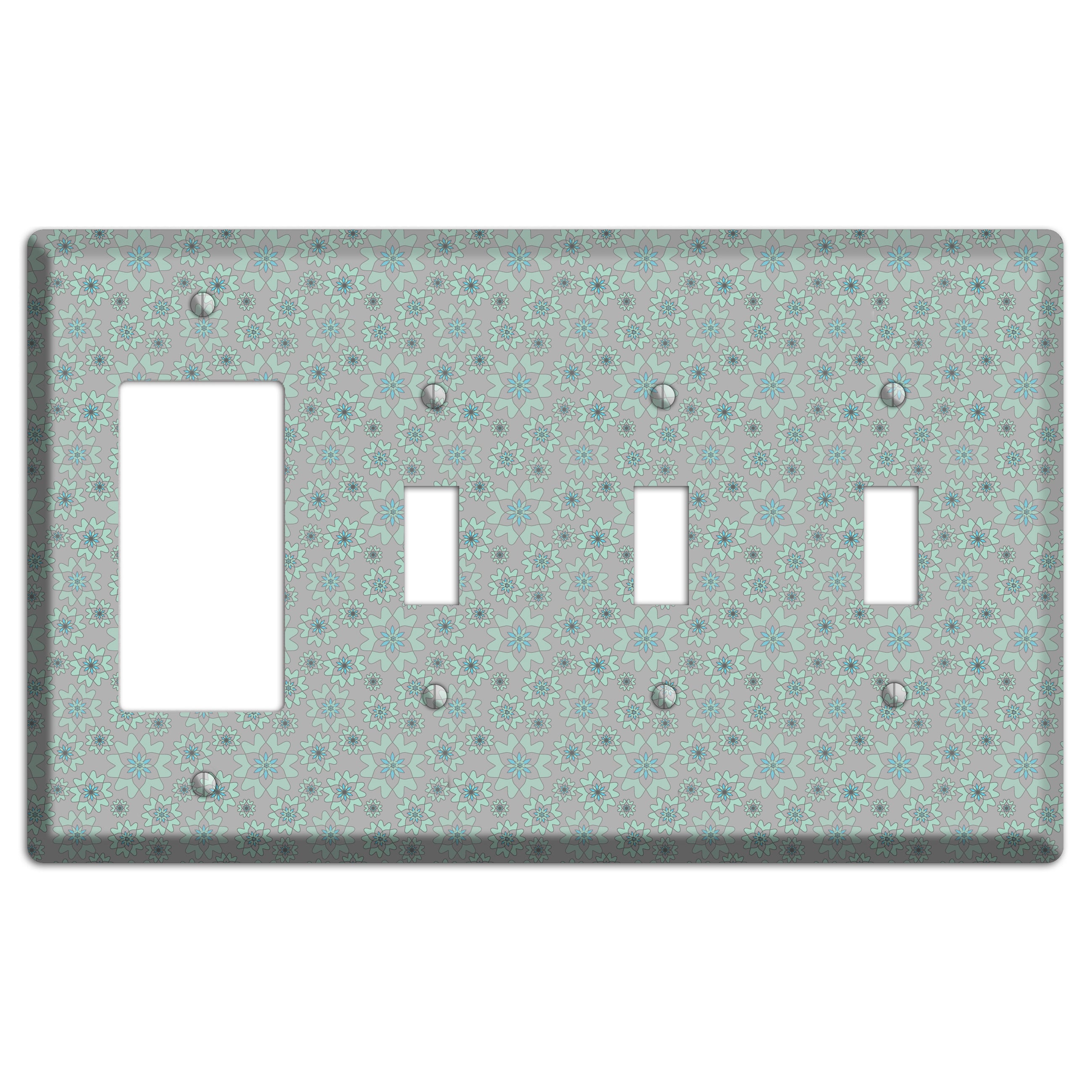 Grey with Tiny Aqua Retro Suzani 2 Rocker / 3 Toggle Wallplate