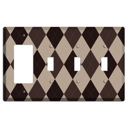 Brown and Beige Argyle Rocker / 3 Toggle Wallplate