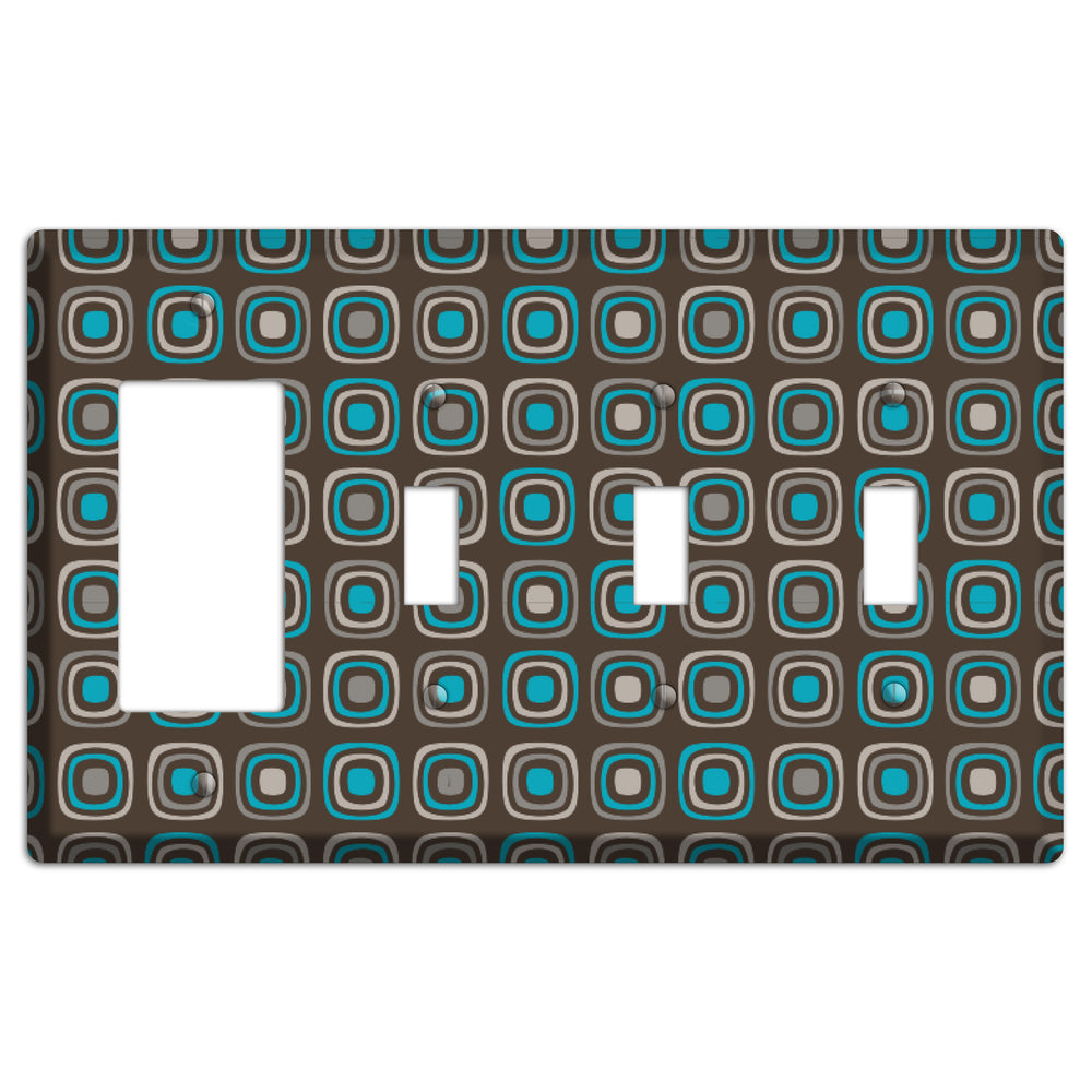 Brown and Blue Rounded Squares Rocker / 3 Toggle Wallplate