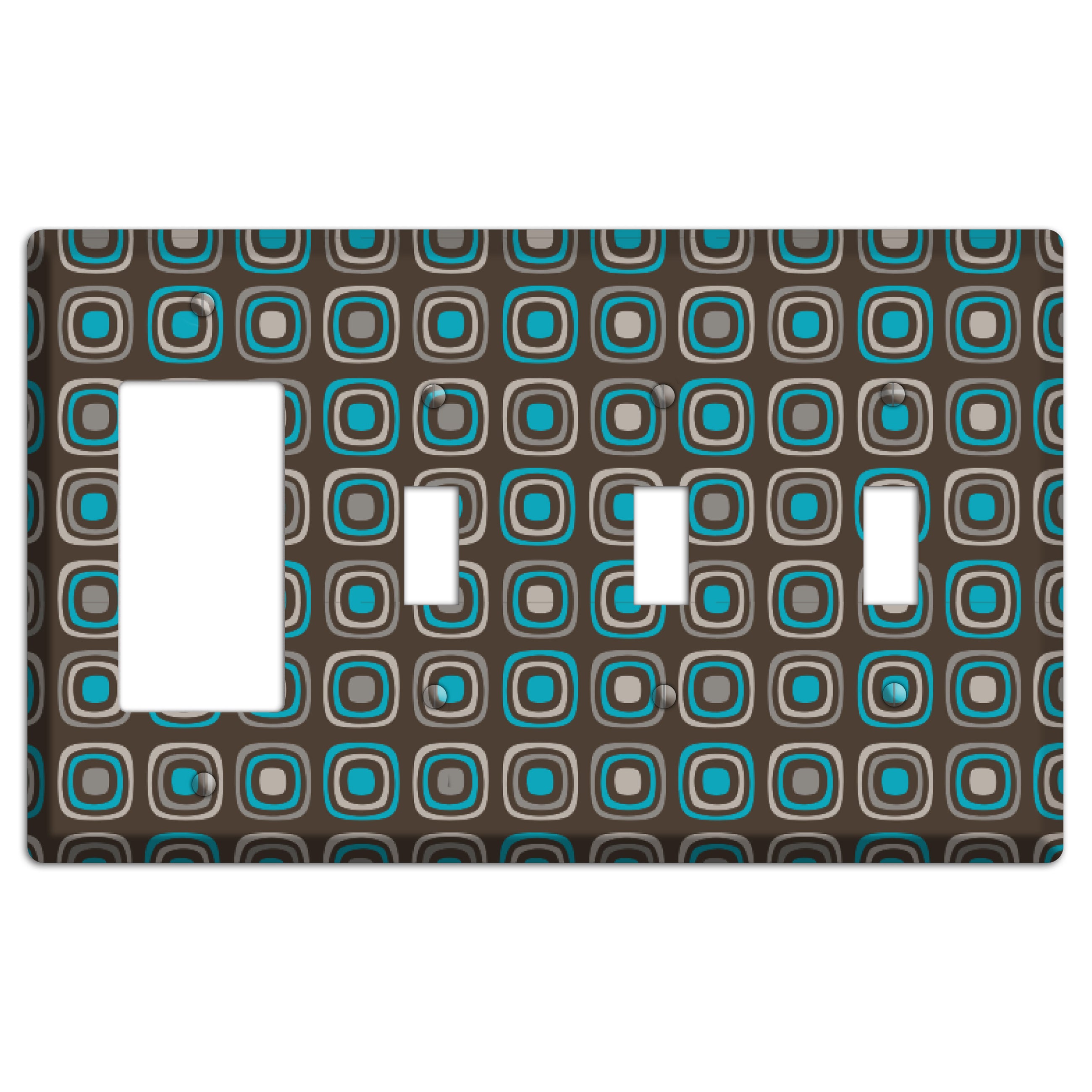 Brown and Blue Rounded Squares Rocker / 3 Toggle Wallplate