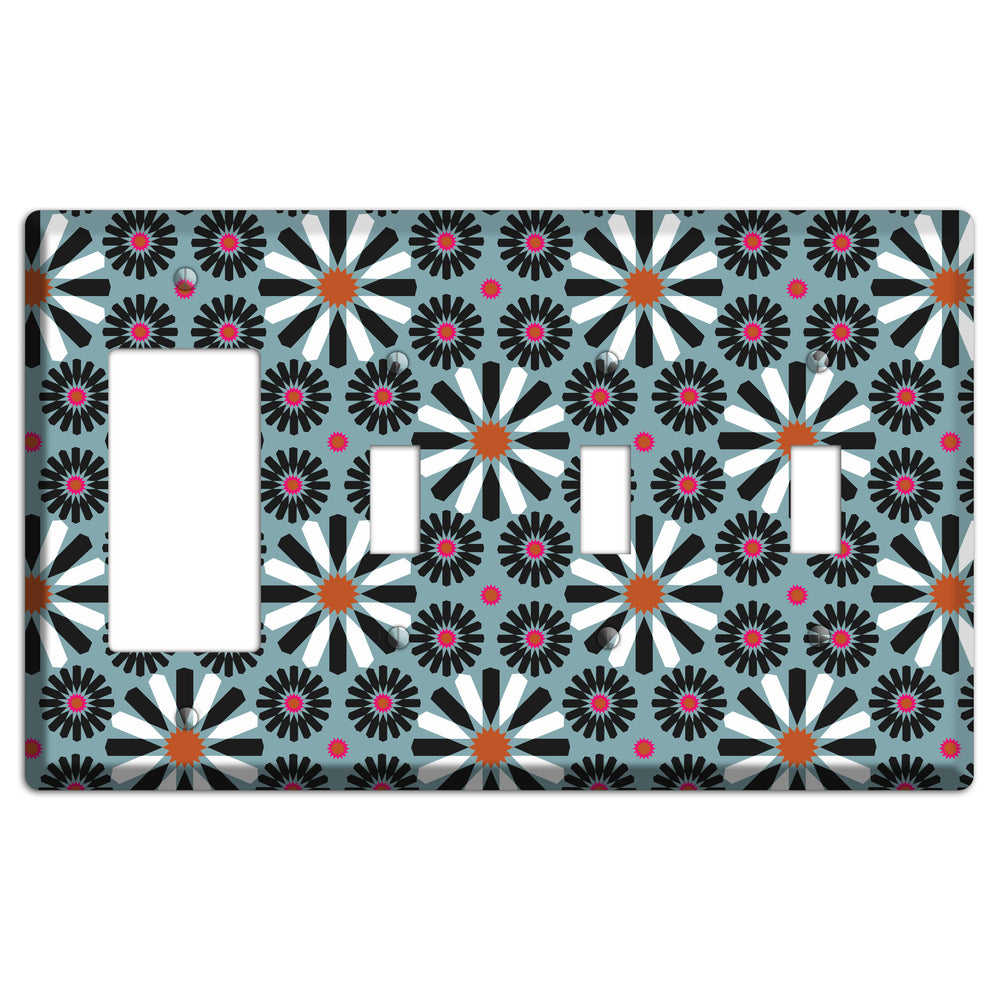 Dusty Blue with Scandinavian Floral Rocker / 3 Toggle Wallplate