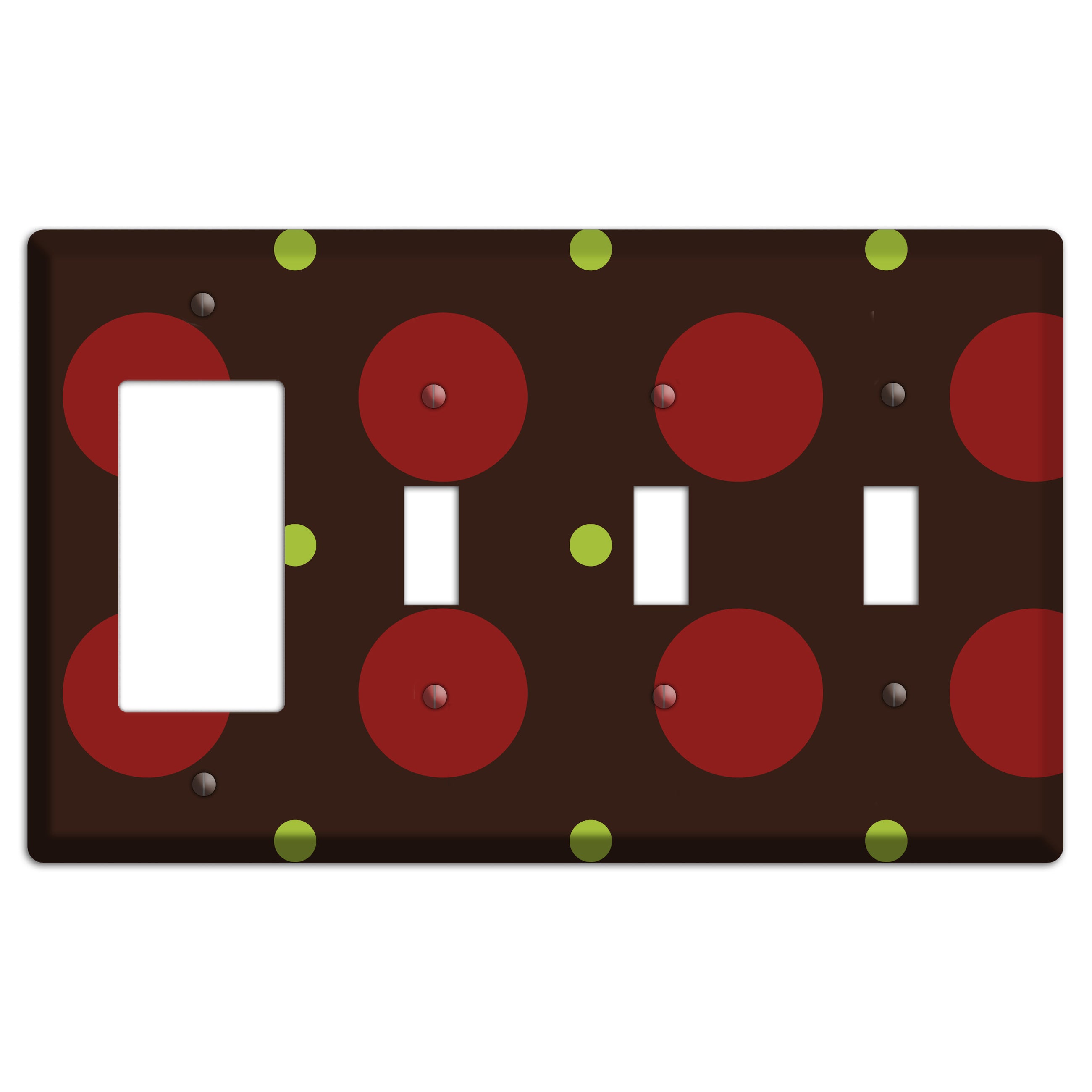 Brown with Red and Green Multi Medium Polka Dots Rocker / 3 Toggle Wallplate