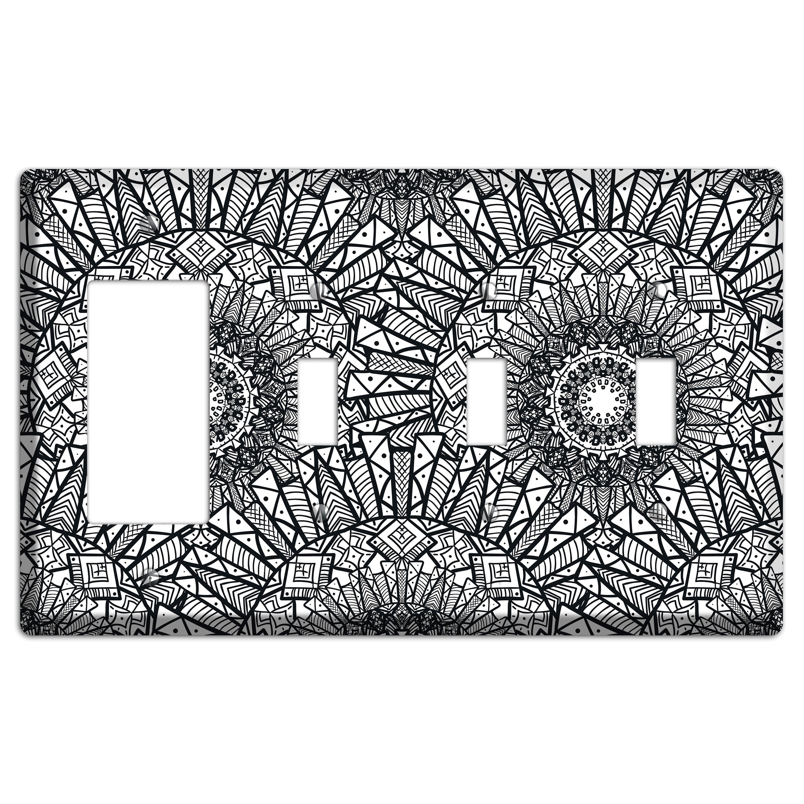 Mandala Black and White Style X Cover Plates Rocker / 3 Toggle Wallplate
