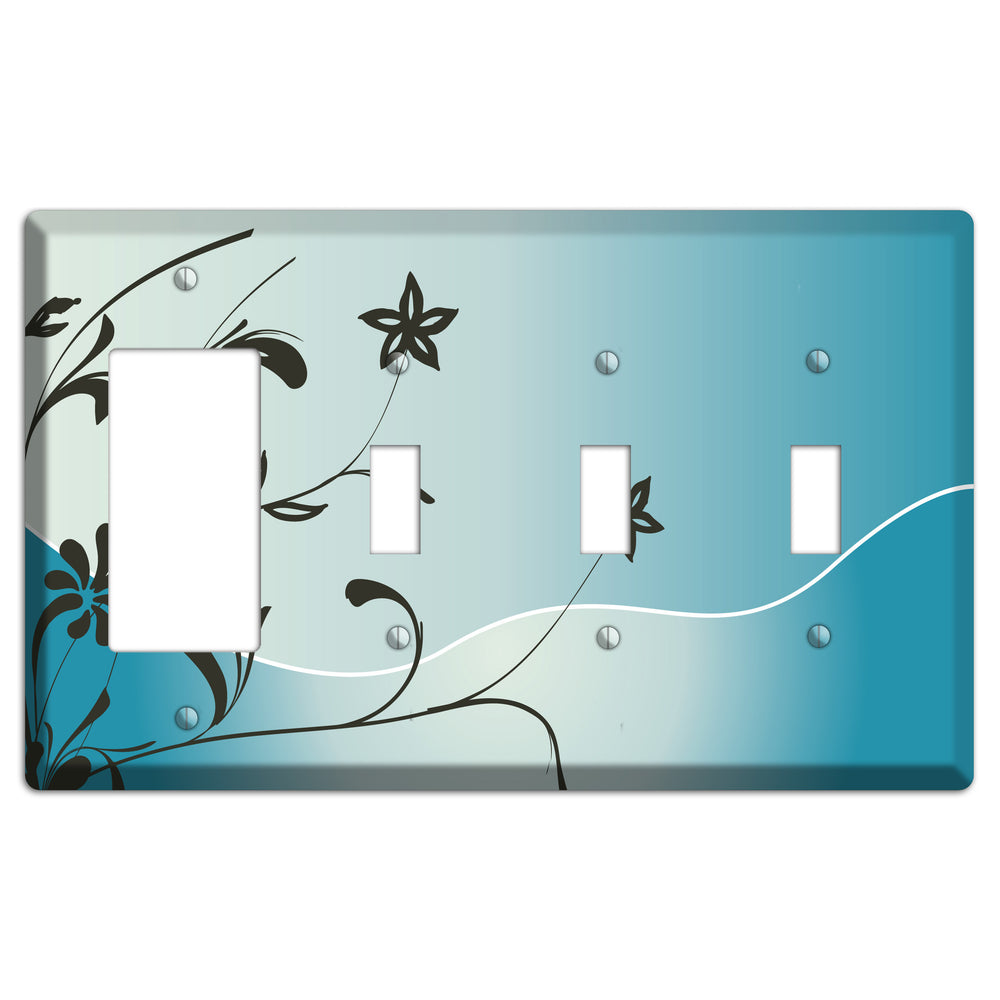 Blue-grey Floral Sprig Rocker / 3 Toggle Wallplate