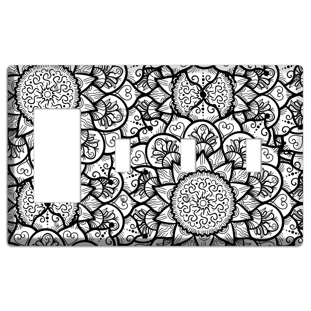 Mandala Black and White Style W Cover Plates Rocker / 3 Toggle Wallplate