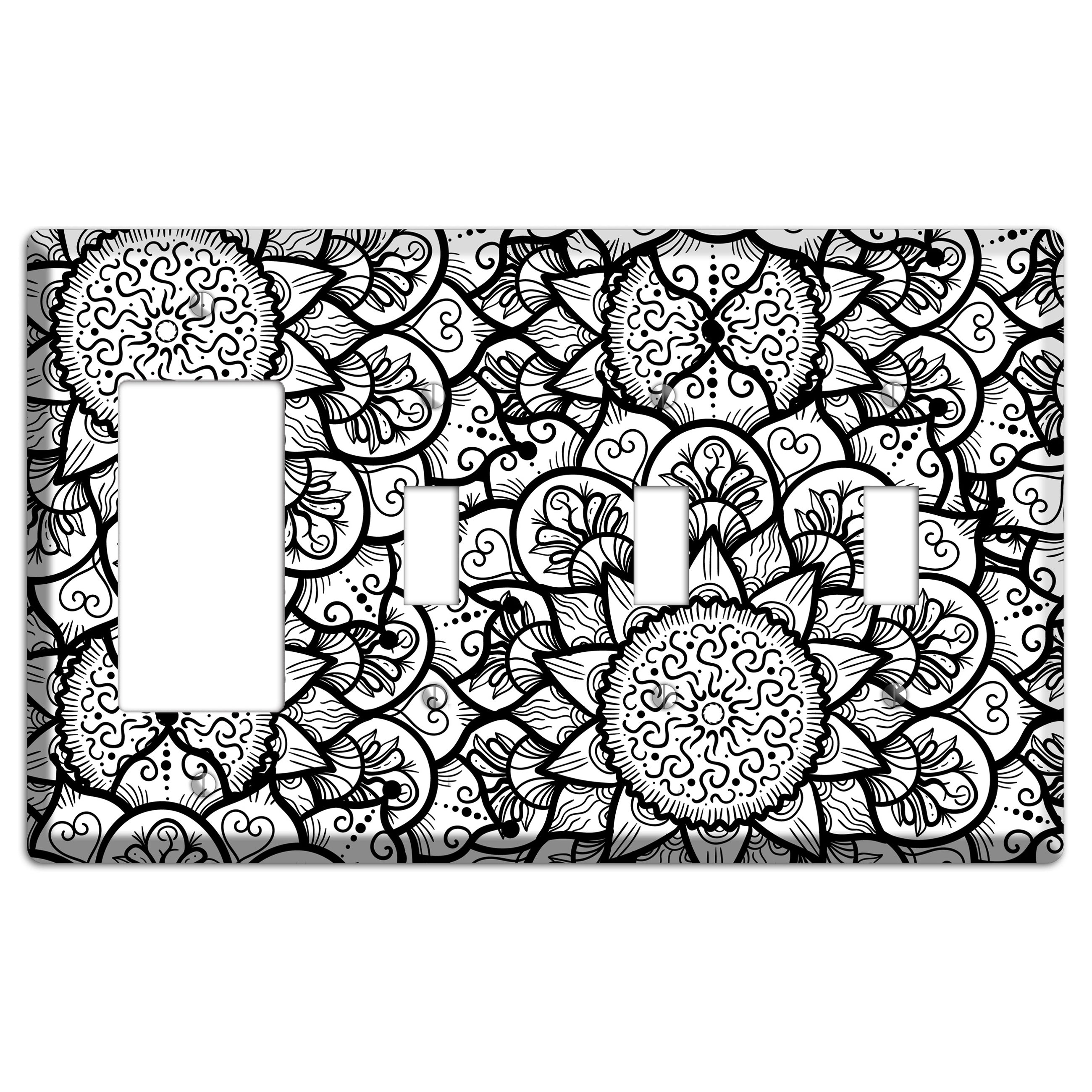 Mandala Black and White Style W Cover Plates Rocker / 3 Toggle Wallplate