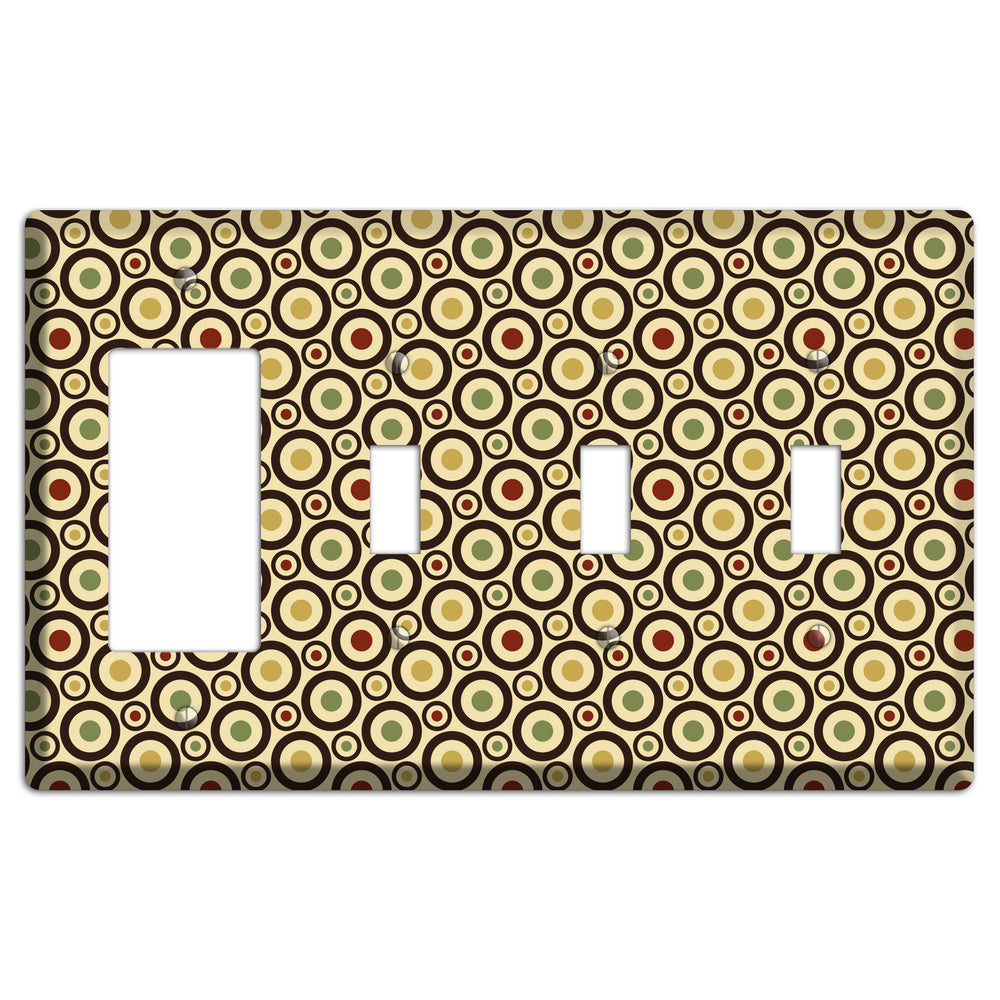 Beige with Olive Mustard Maroon Retro Tiny Bullseye Rocker / 3 Toggle Wallplate