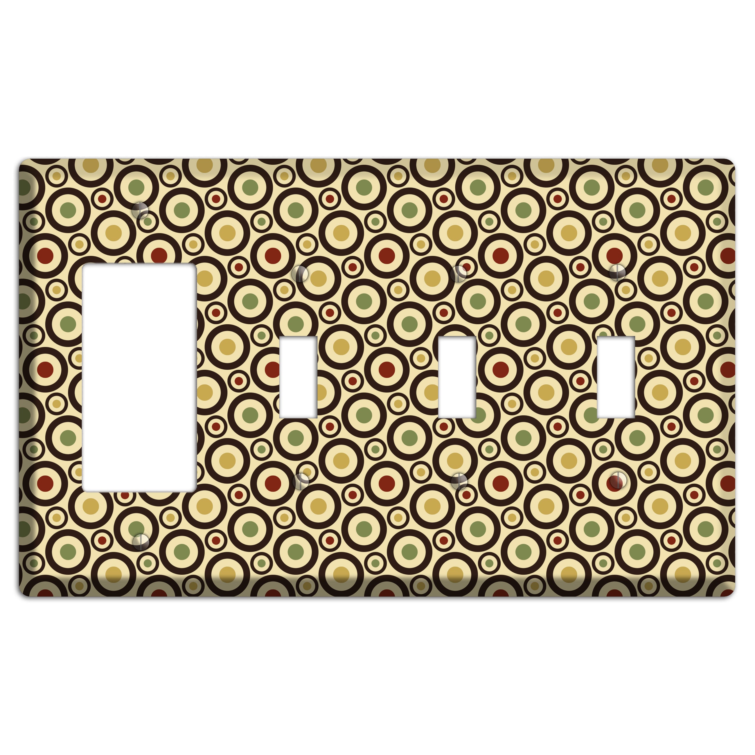 Beige with Olive Mustard Maroon Retro Tiny Bullseye Rocker / 3 Toggle Wallplate