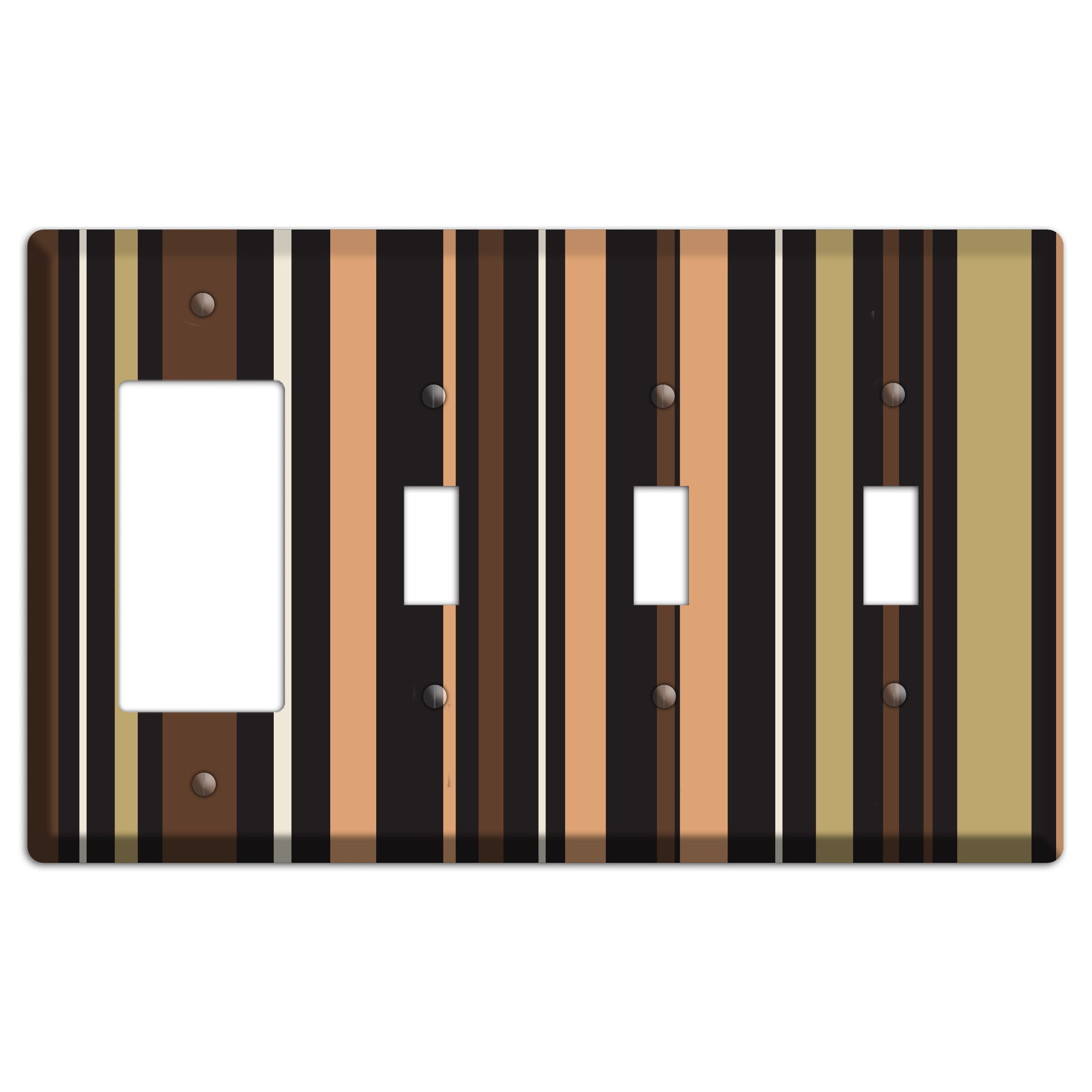 Multi Brown and Coral Vertical Stripe Rocker / 3 Toggle Wallplate