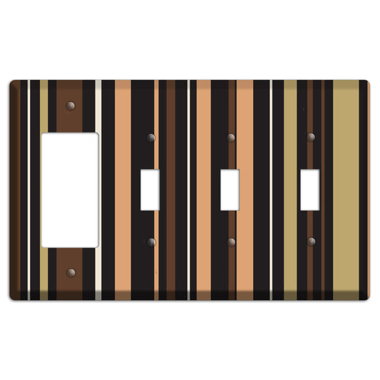 Multi Brown and Coral Vertical Stripe Rocker / 3 Toggle Wallplate