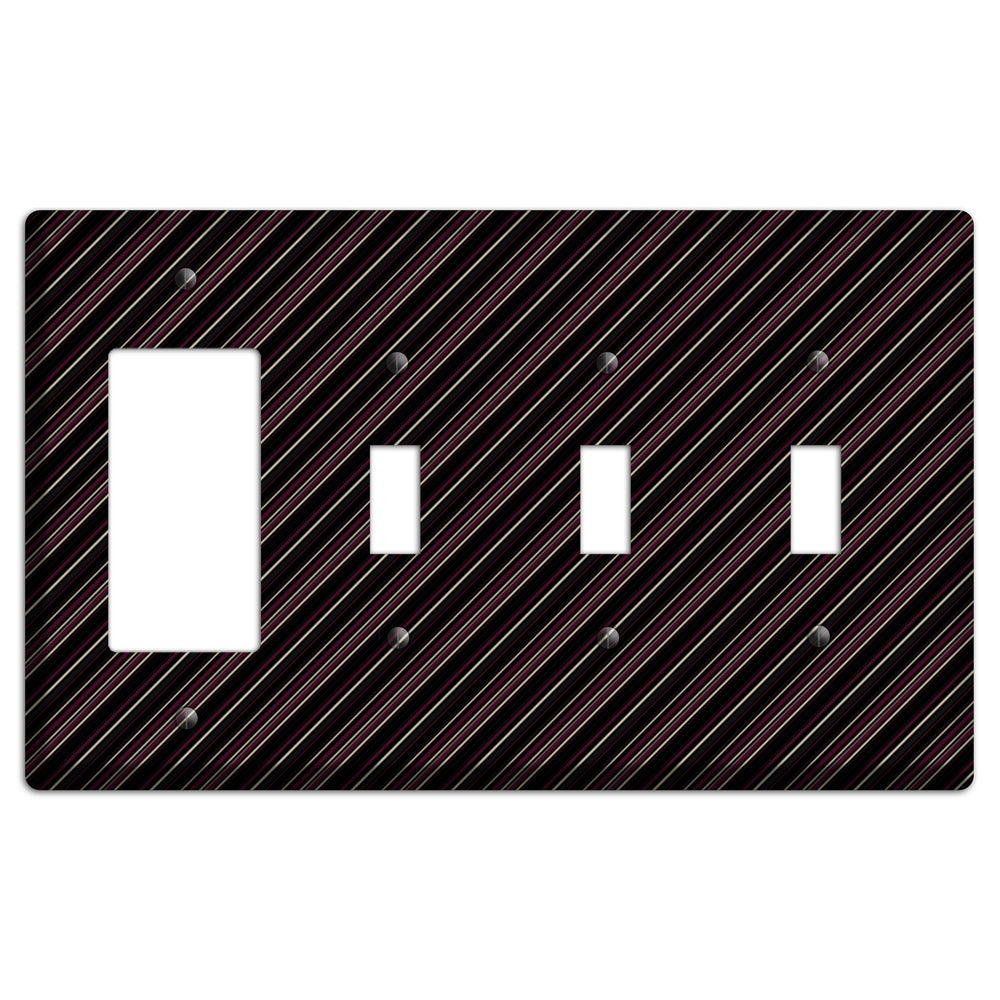 Black with White and Burgundy Angled Pinstripe Rocker / 3 Toggle Wallplate