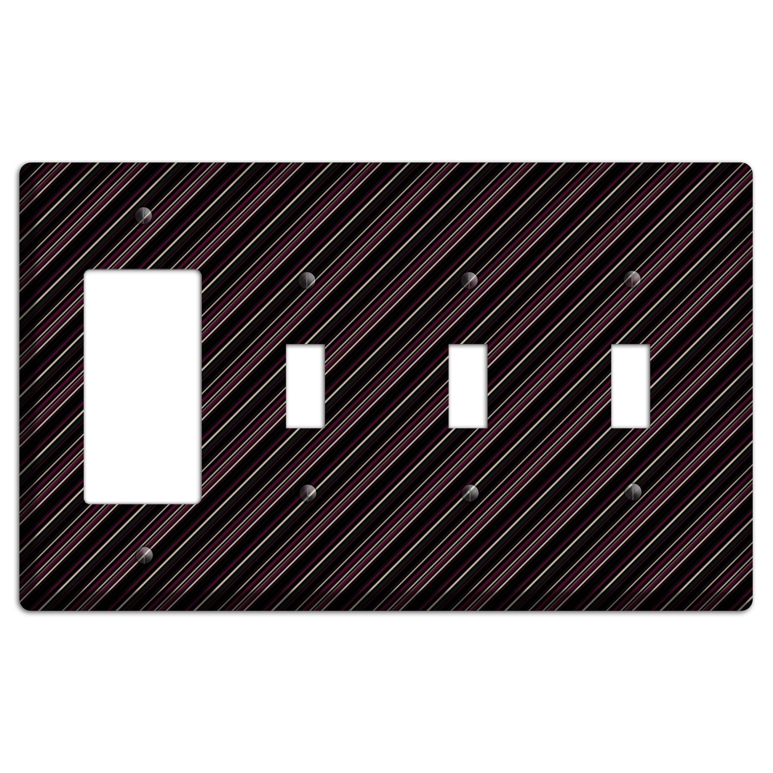 Black with White and Burgundy Angled Pinstripe Rocker / 3 Toggle Wallplate