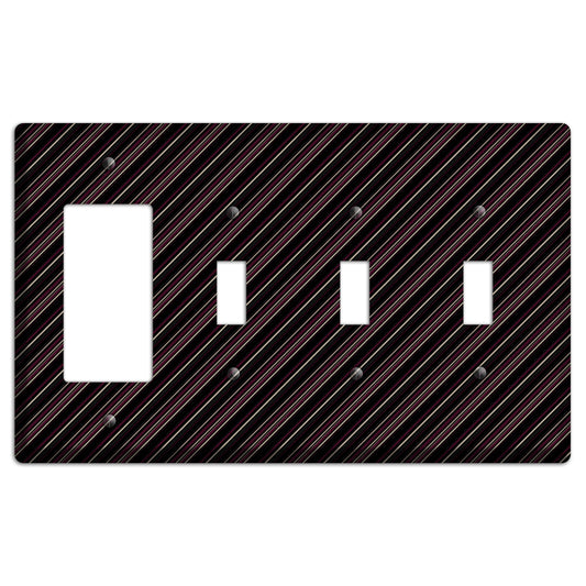 Black with White and Burgundy Angled Pinstripe Rocker / 3 Toggle Wallplate