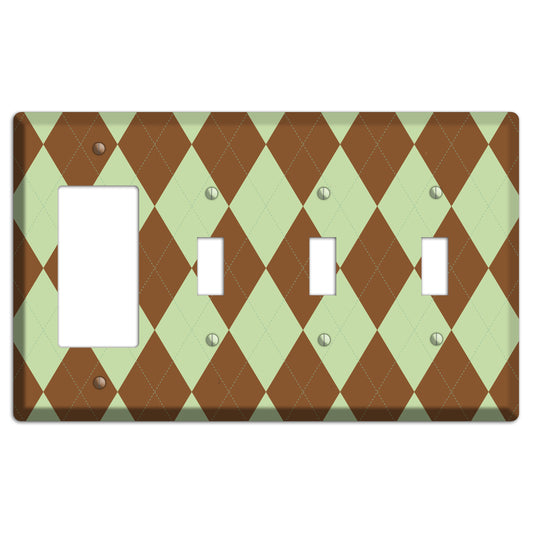 Brown and Green Argyle Rocker / 3 Toggle Wallplate