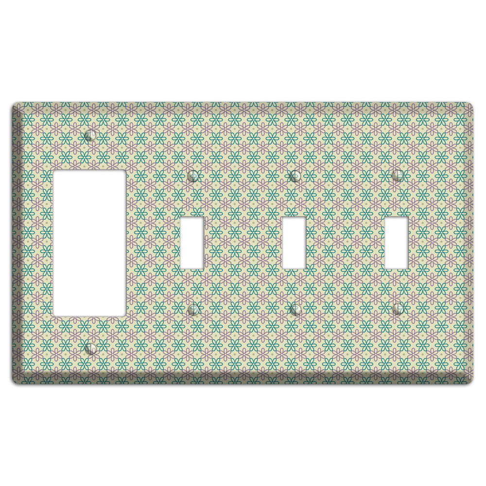 Large Green and Lavender Foulard Rocker / 3 Toggle Wallplate