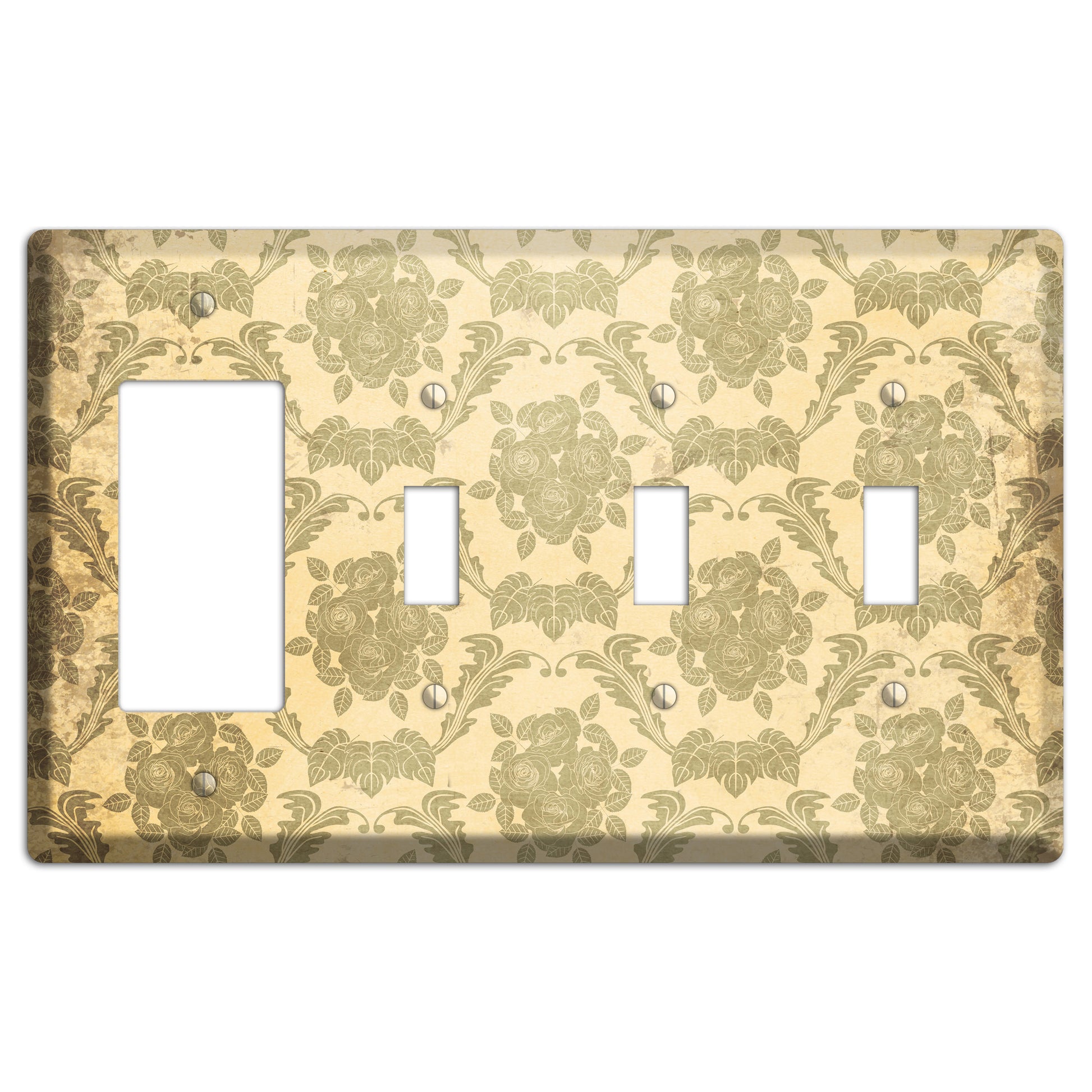 Straw Vintage Rose Damask Rocker / 3 Toggle Wallplate