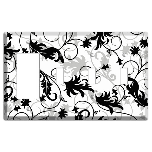 Black White and Grey Victorian Sprig Rocker / 3 Toggle Wallplate