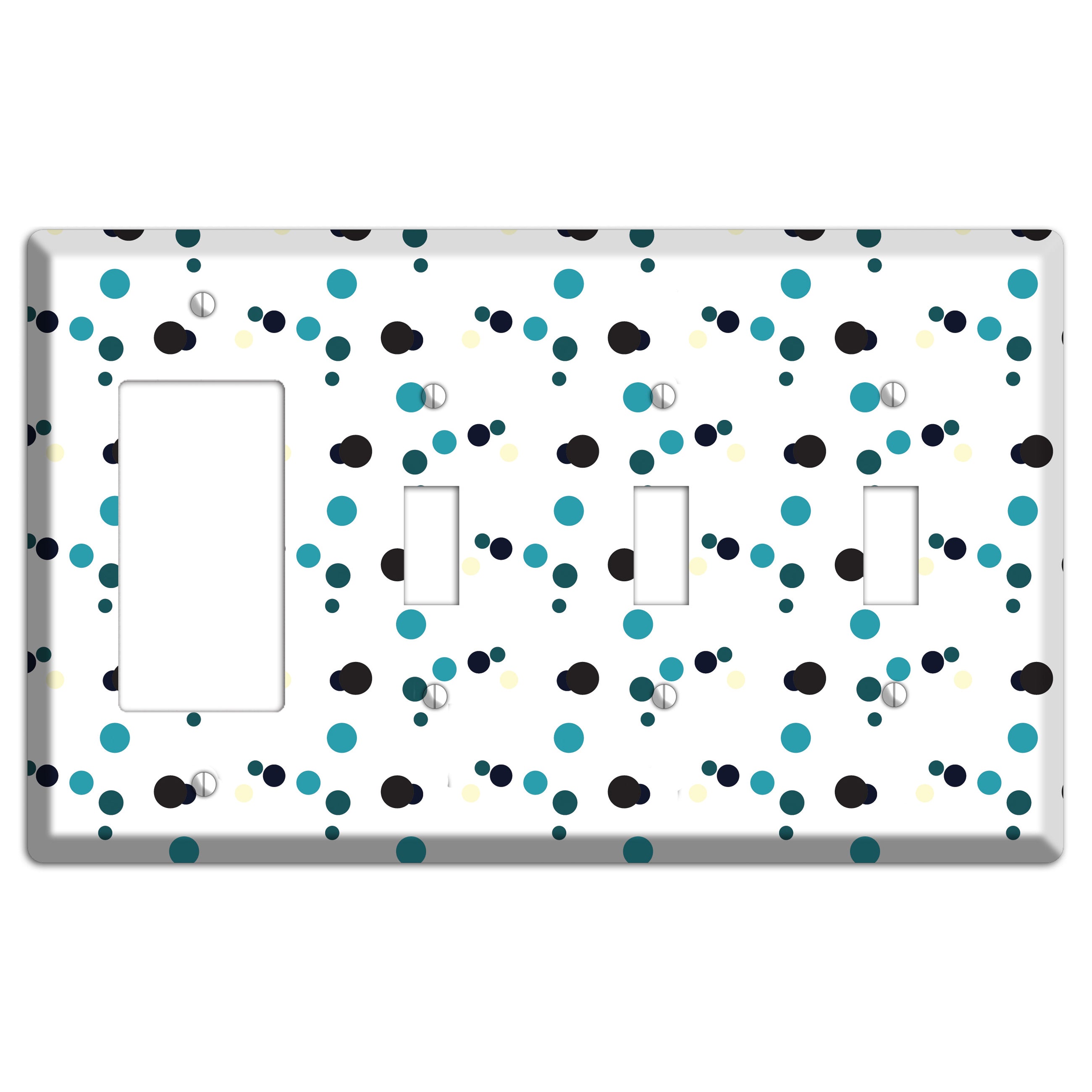White with Teal and Black Multi Dots Rocker / 3 Toggle Wallplate