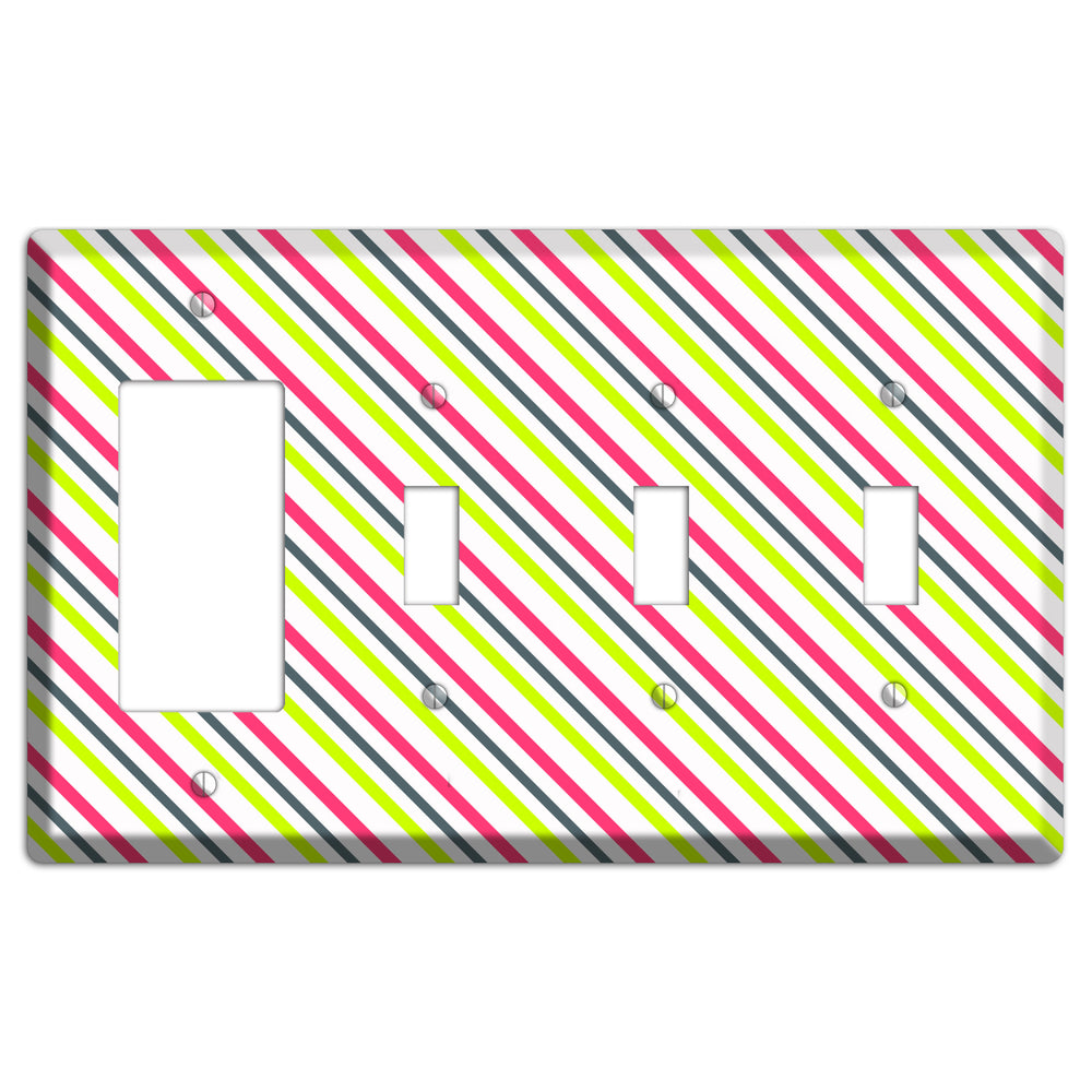 Fuschia and Lime Angled Stripe Rocker / 3 Toggle Wallplate